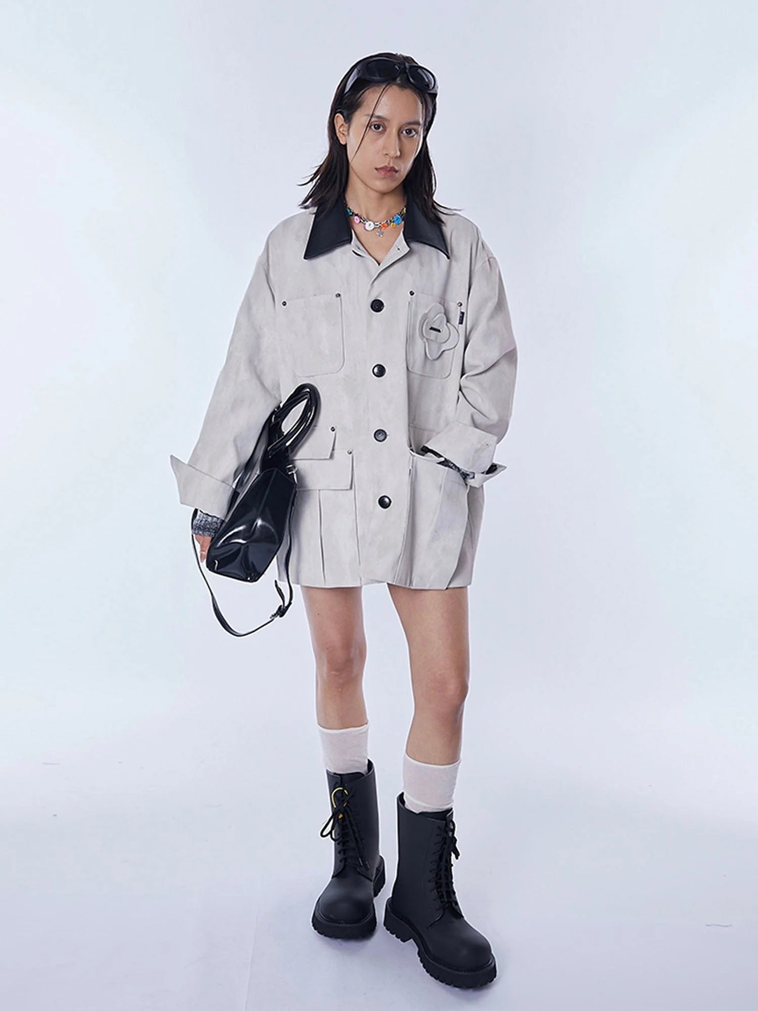 ASSEEN Distressed Panel Leather Collar Barn Jacket