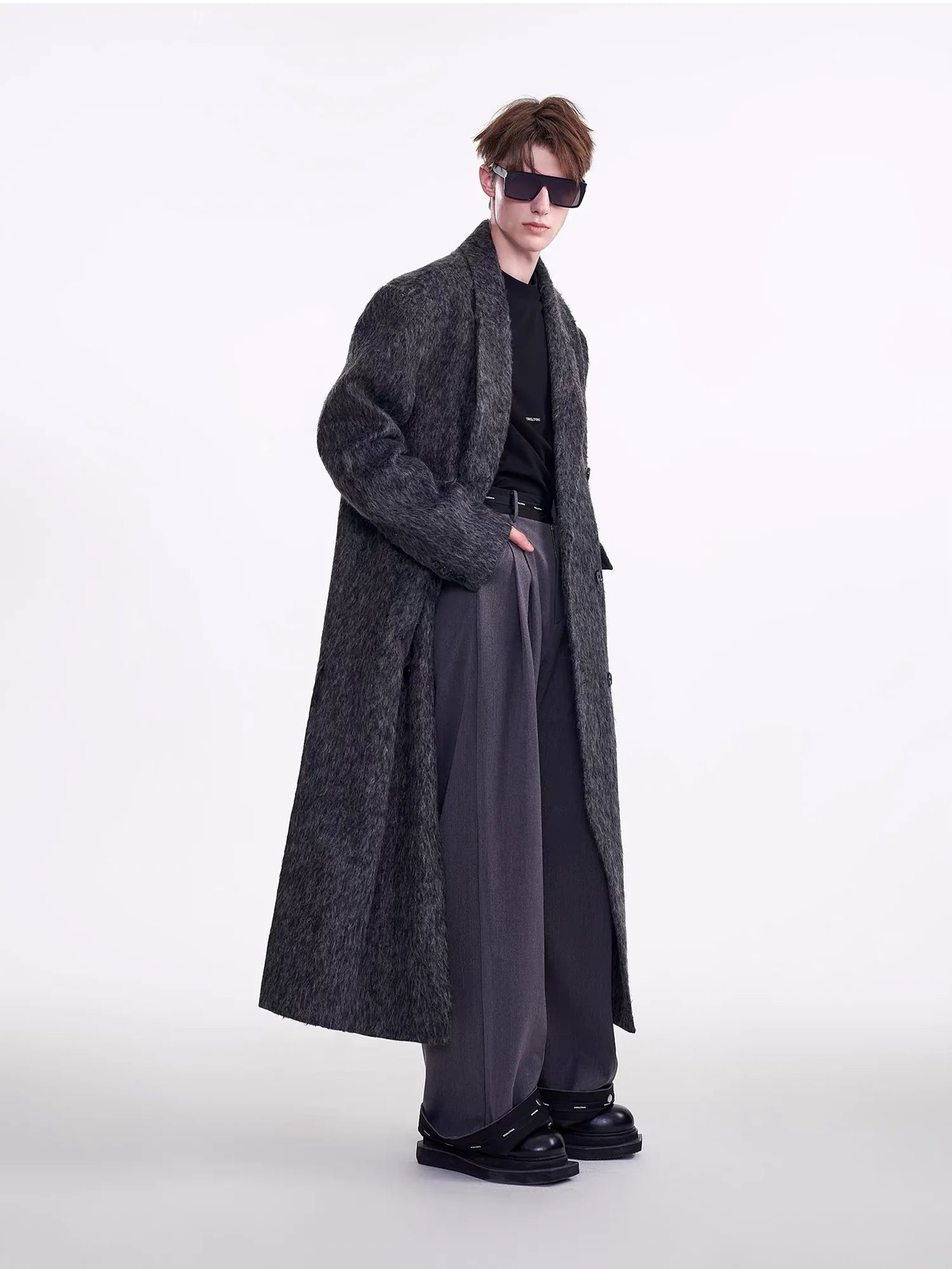 TIWILLTANG Fuzzy Double-Breasted Oversized Long Coat