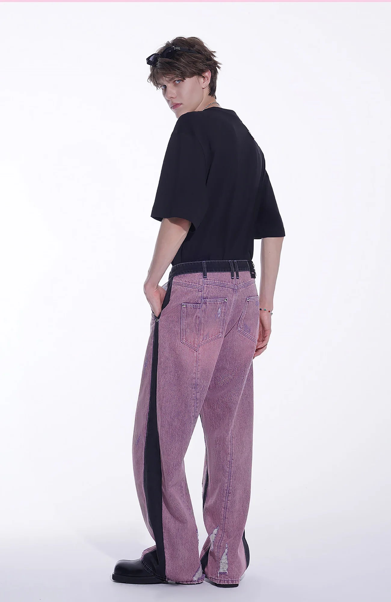 TIWILLTANG Distressed Contrast Paneled Wide-Leg Jeans