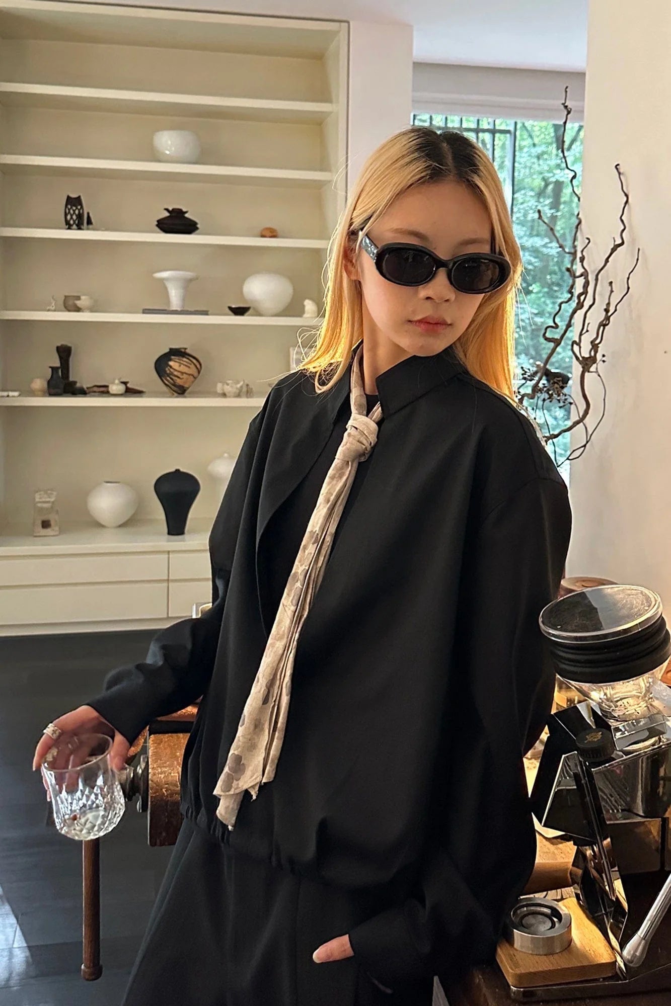 OKAYTHXBYE Multi-Wear Floral Scarf Mandarin Collar Shirt