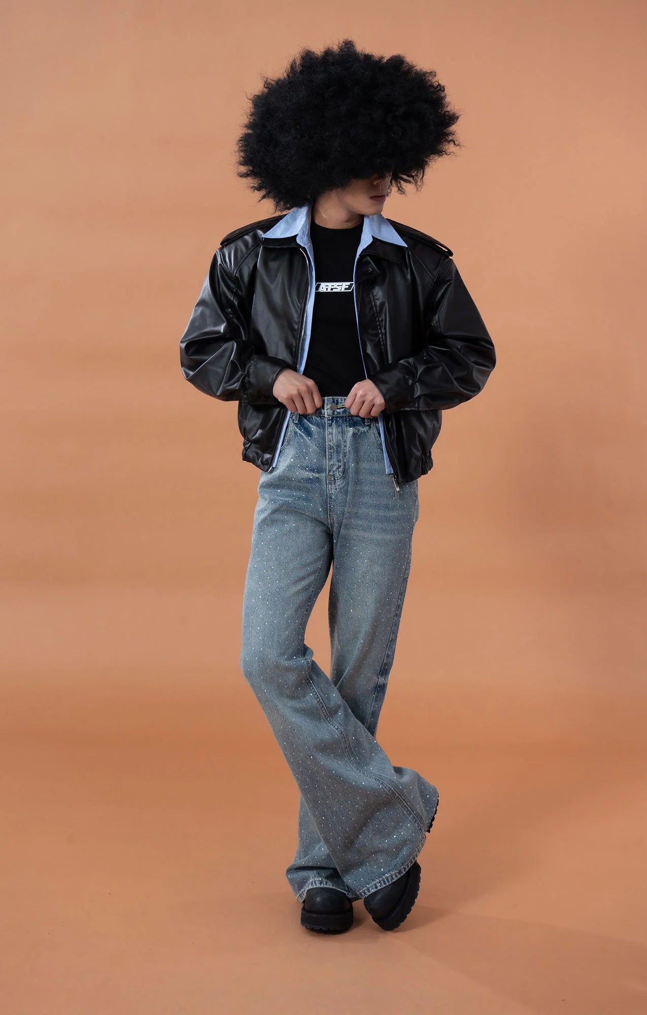 CLP Contrast Layer PU Cropped Moto Jacket