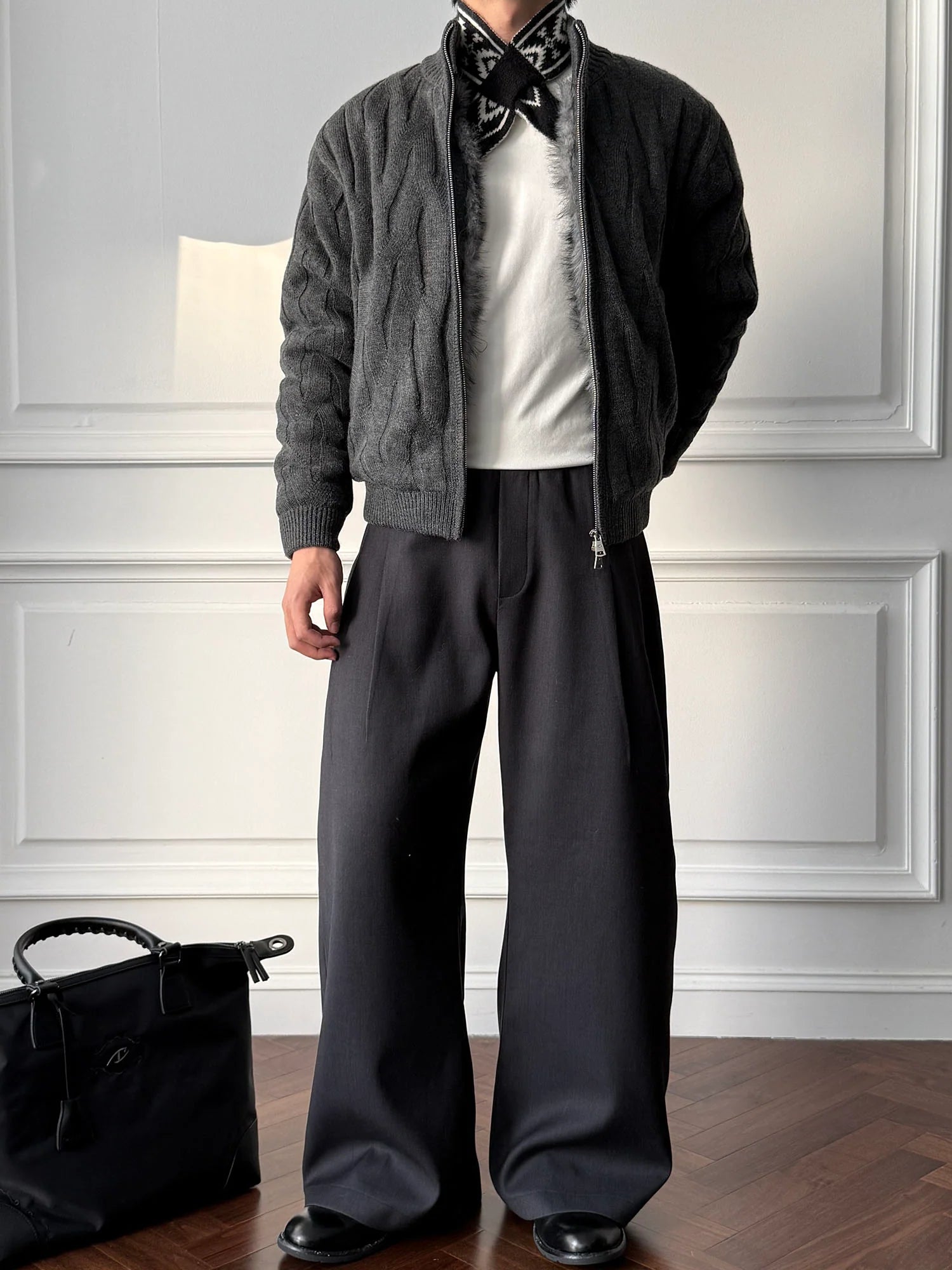 CATSSTAC Wave-Knit Stand-Collar Zip-Up Sweater