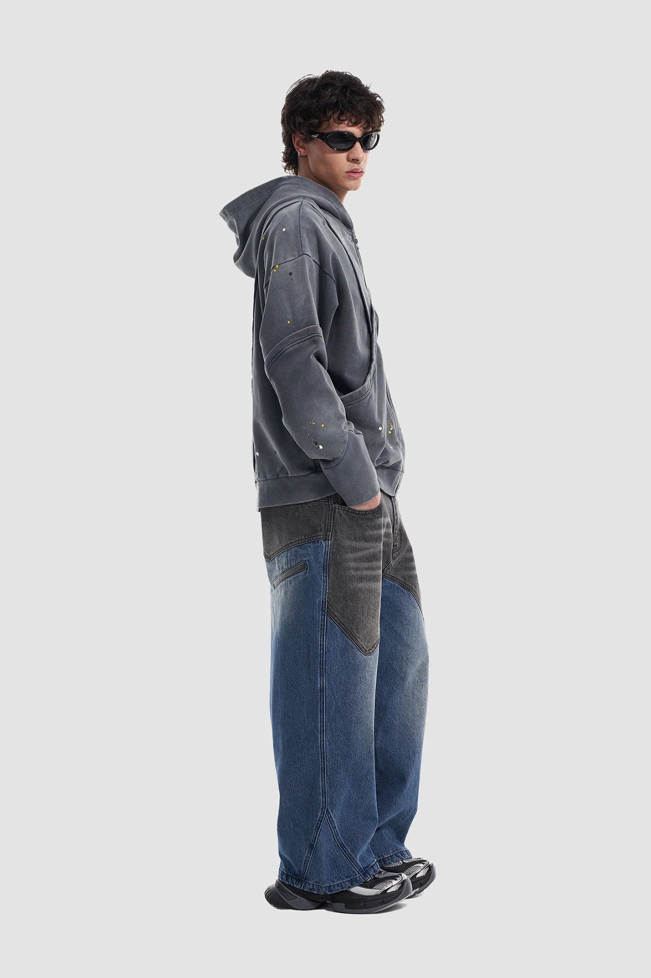 VANN VALRENCE Washed Paint-Splattered Paneled Zip Hoodie