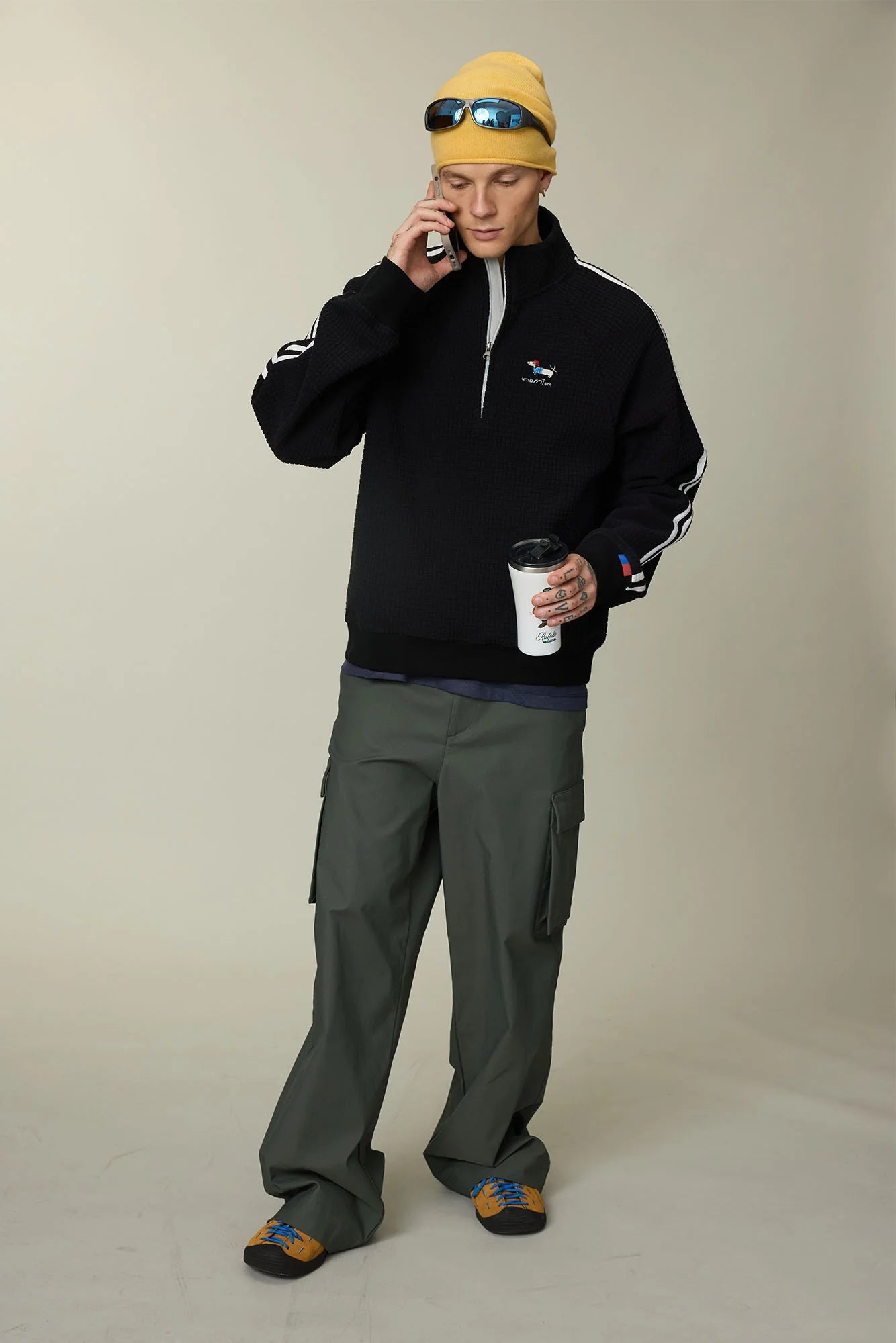 UMAMIISM Waffle Side Stripe Embroidered Half-Zip Pullover