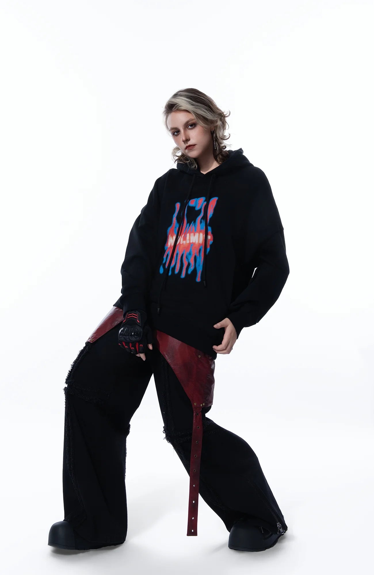 MOGONGSHE Detachable PU Drape  Frayed Cross Jeans