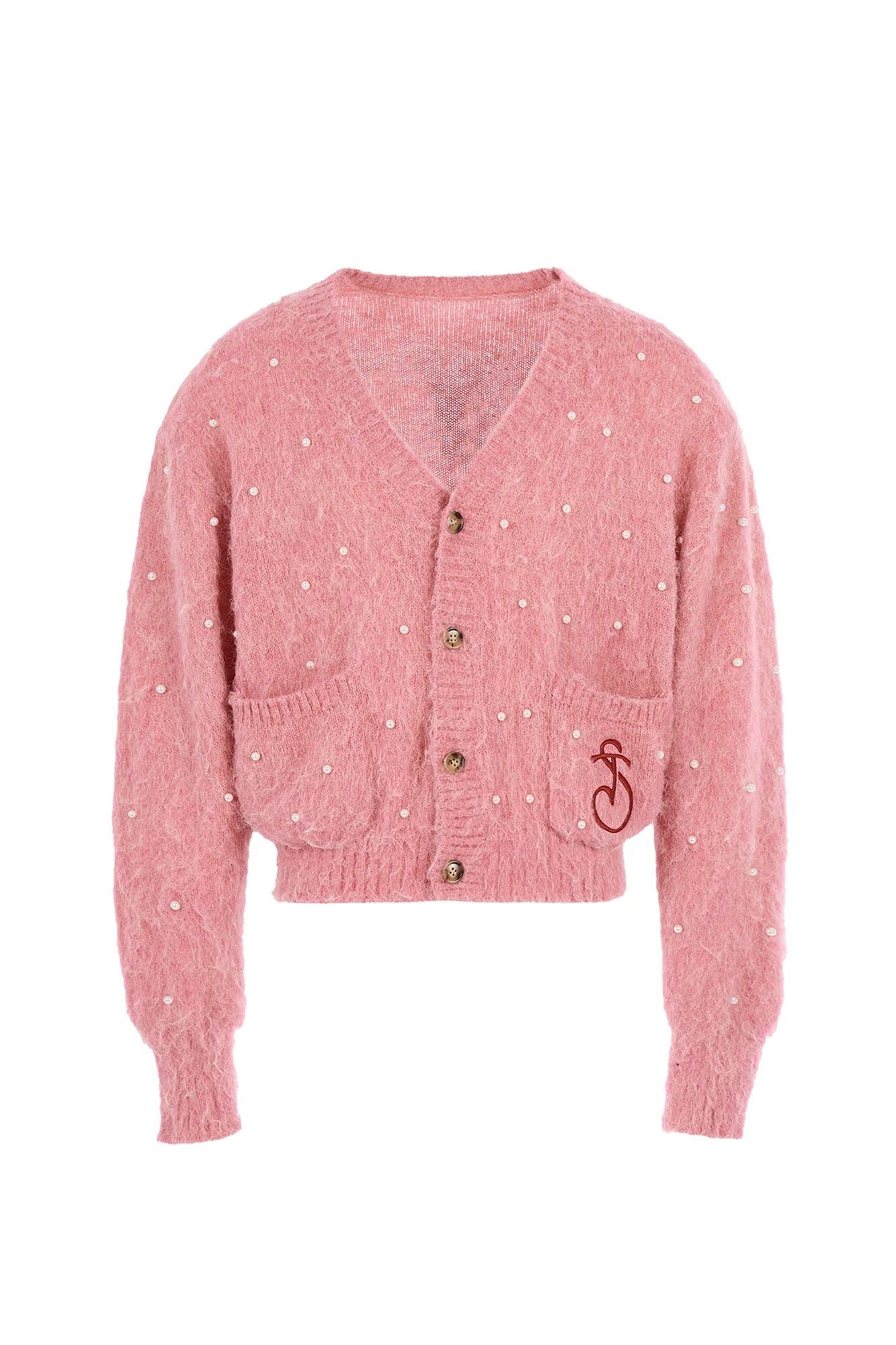 STEEPC Pearl-Studded Contrast Elbow Patch Cardigan