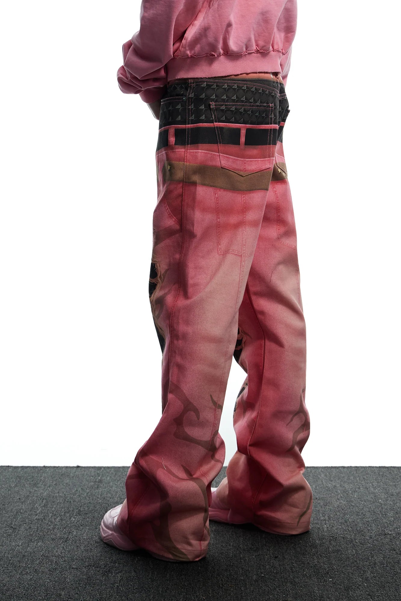 DND4DES Distressed Print Double-Waist Flare Jeans Pink