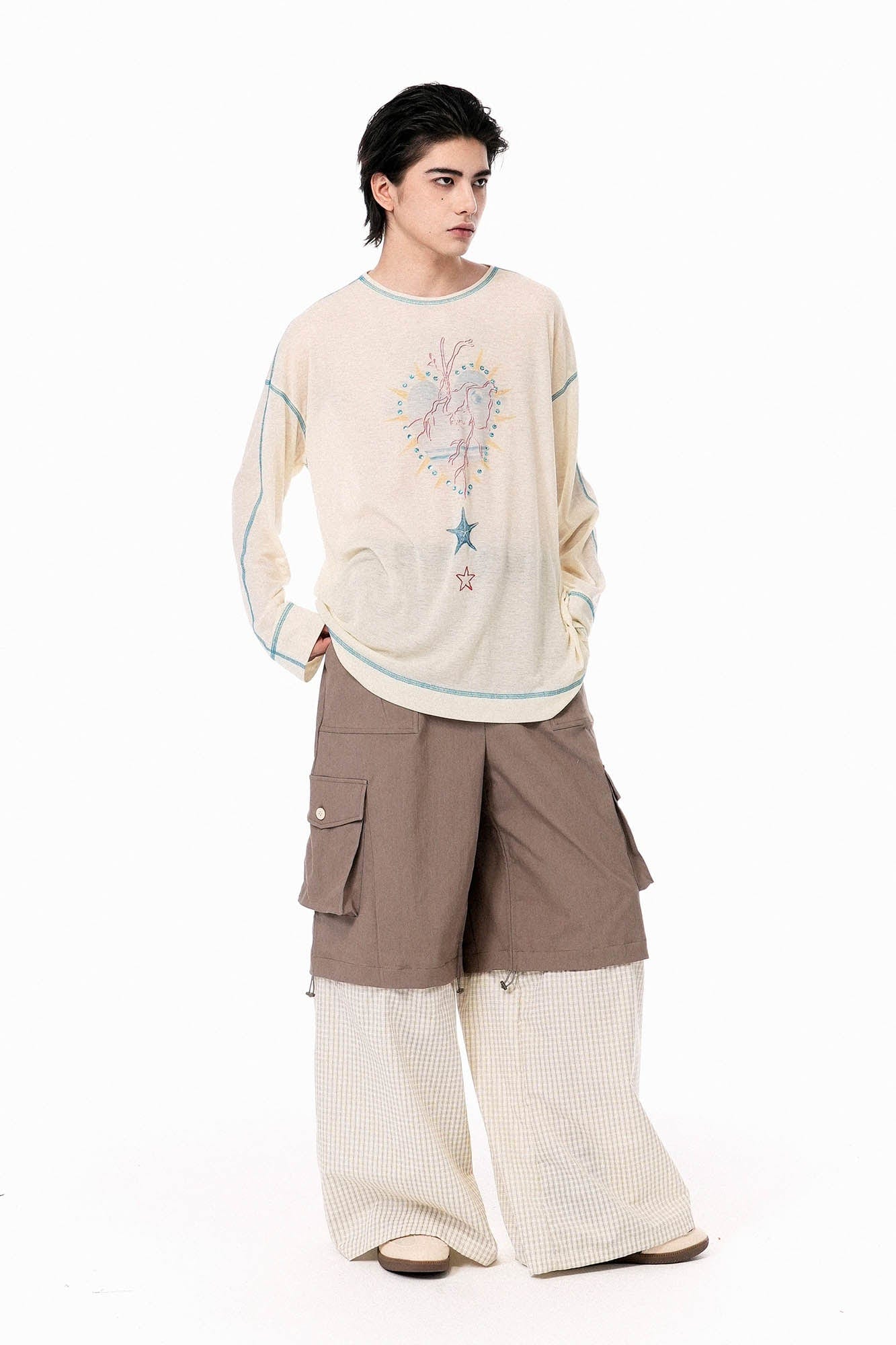 OIPWORD Detachable Plaid Multi-Pocket Wide-Leg Cargo
