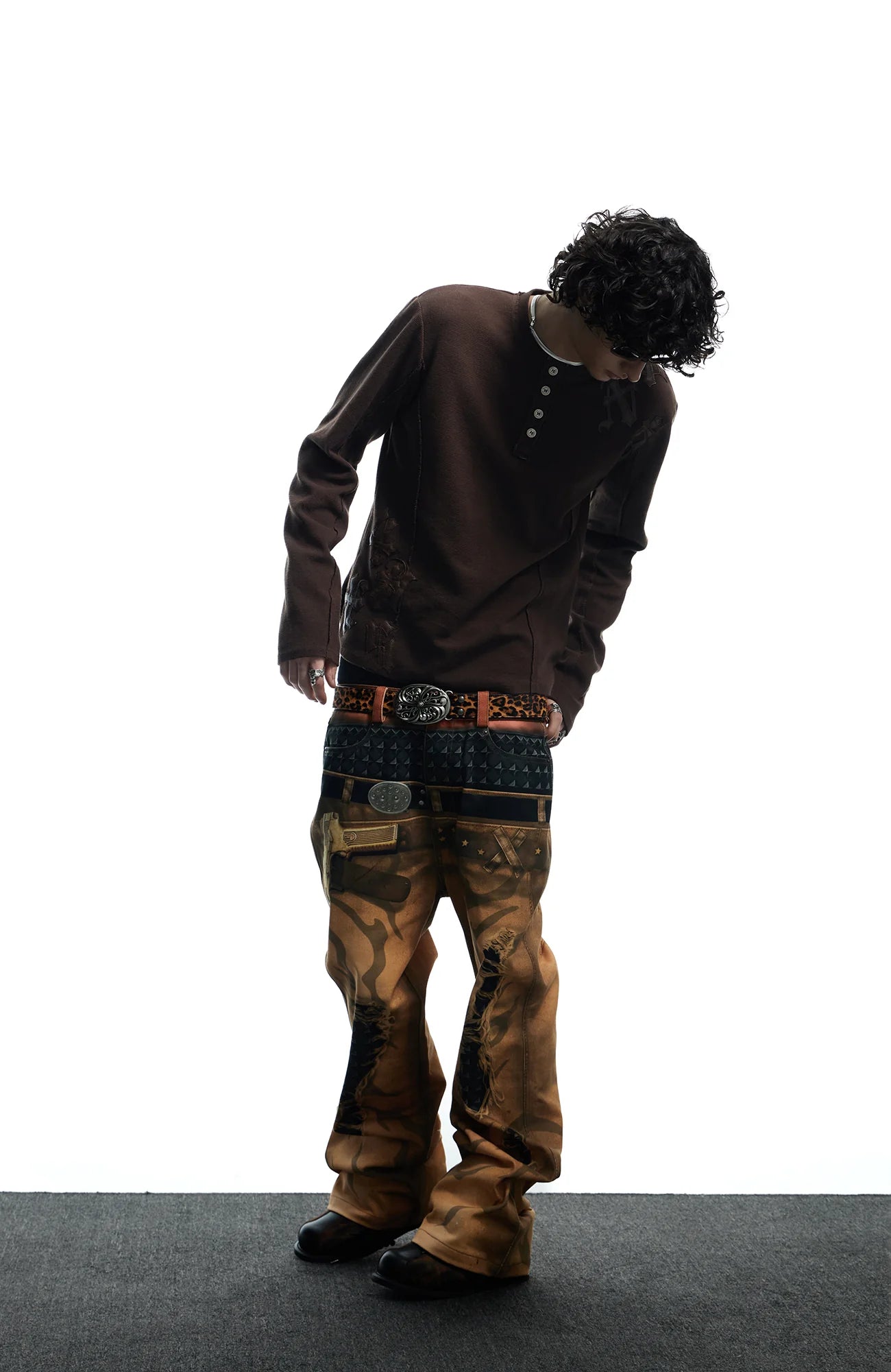 DND4DES Distressed Print Double-Waist Flare Jeans Khaki