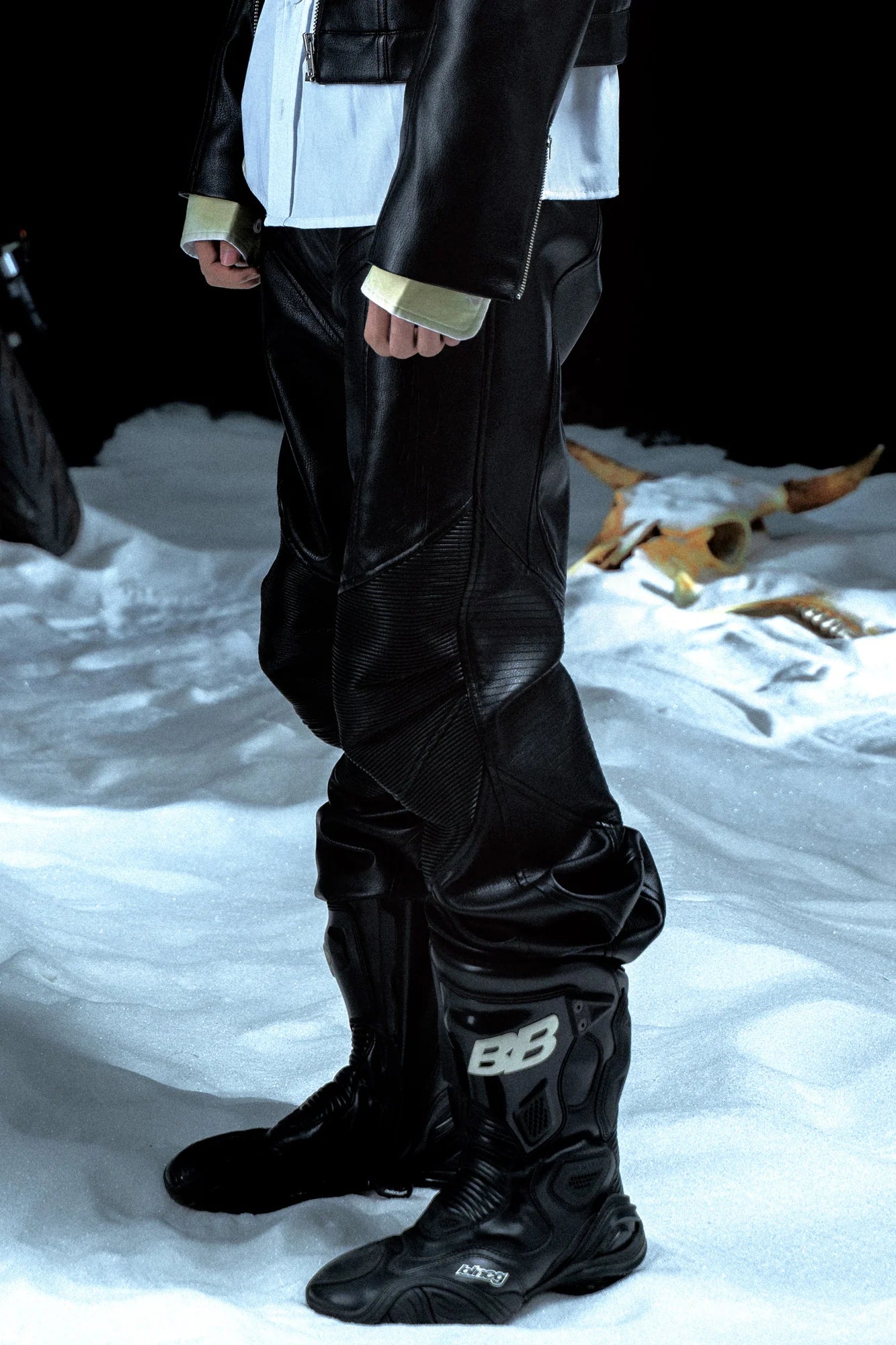 PCCVISION Pleated Knee Flare Faux Leather Pants