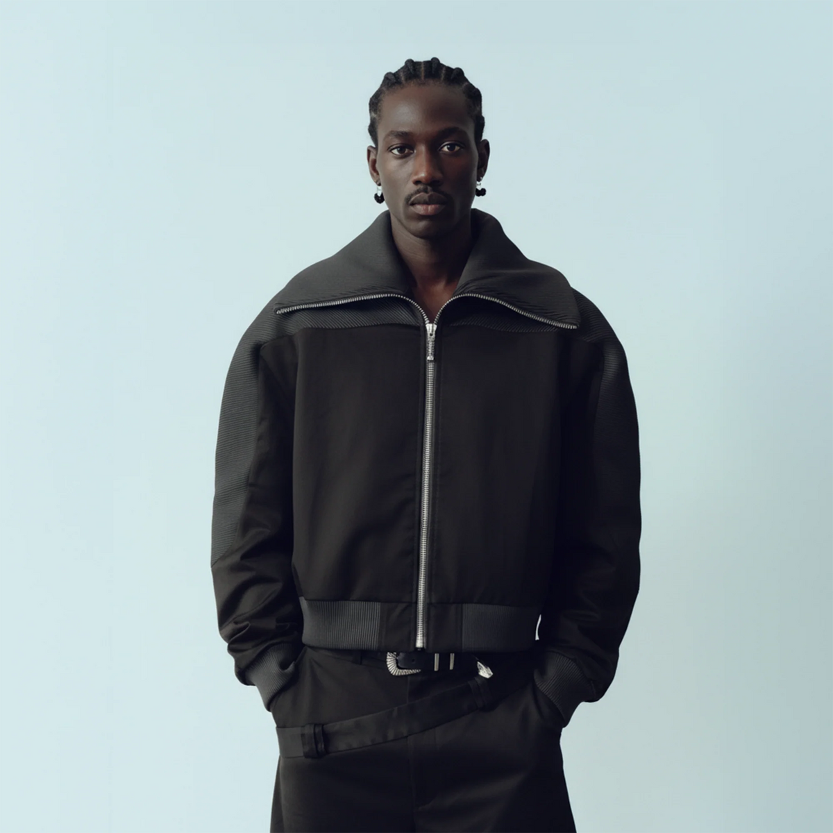 KADAKADA Rib-Spliced Stand-Collar Cropped Jacket