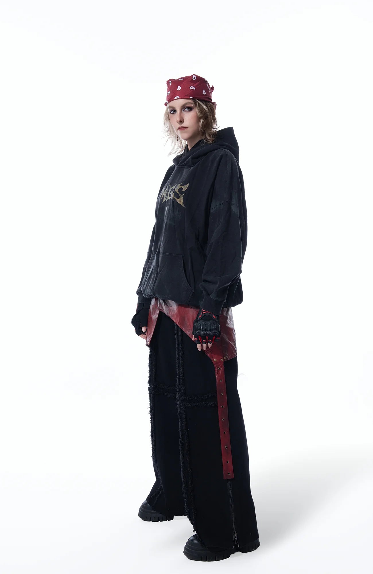 MOGONGSHE Detachable PU Drape  Frayed Cross Jeans