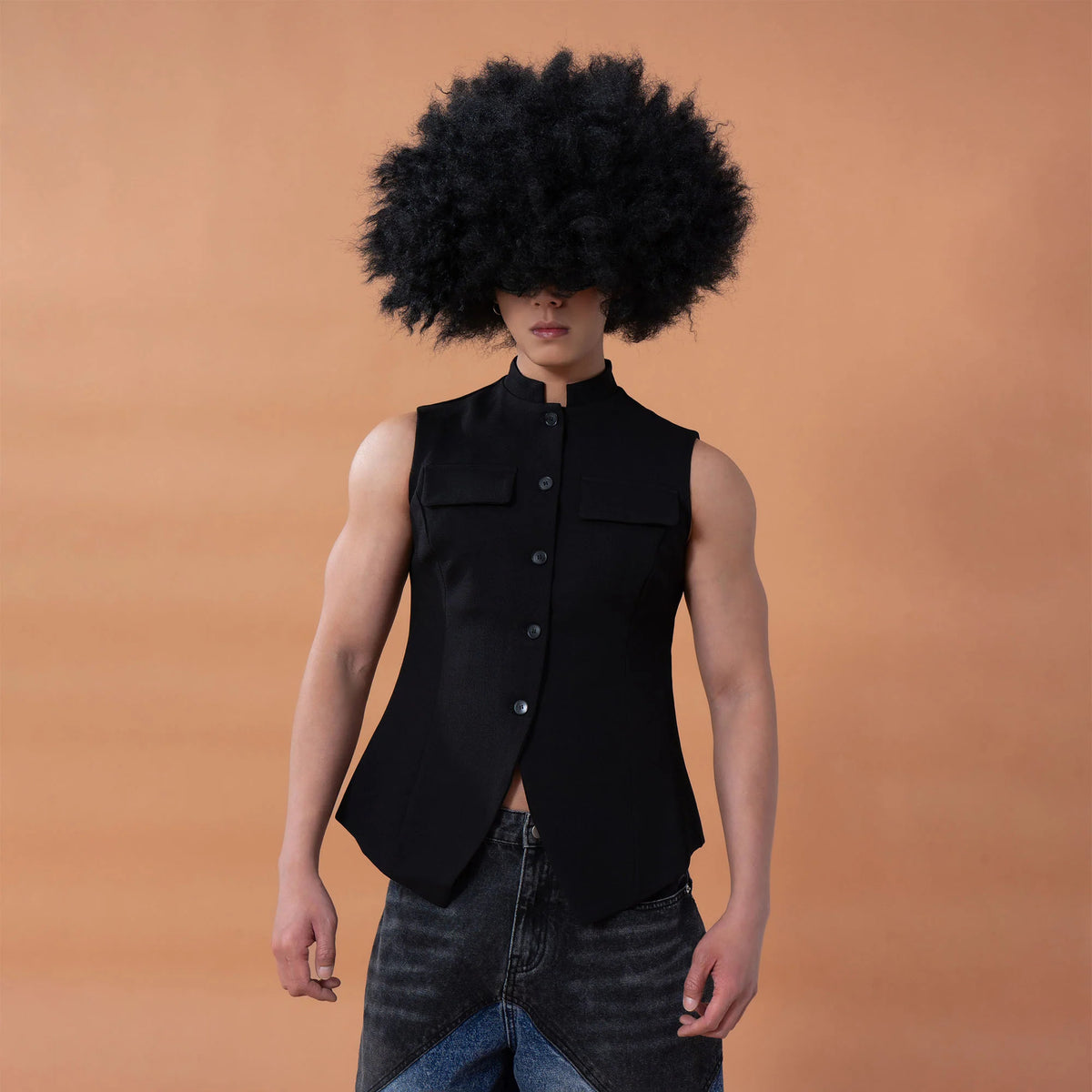 CLP Mandarin-Collar Curved-Placket Button Vest