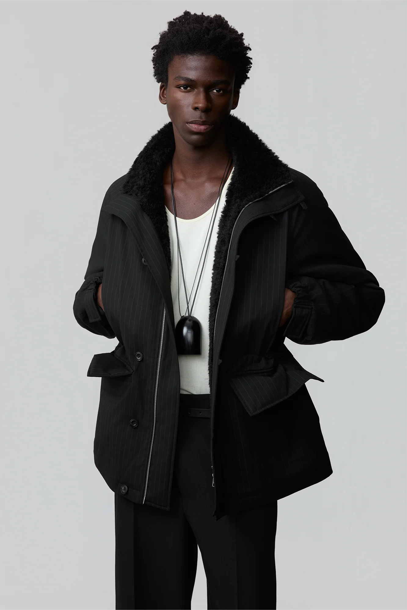 OPICLOTH Pinstriped Faux Fur-Lined Drawstring Jacket