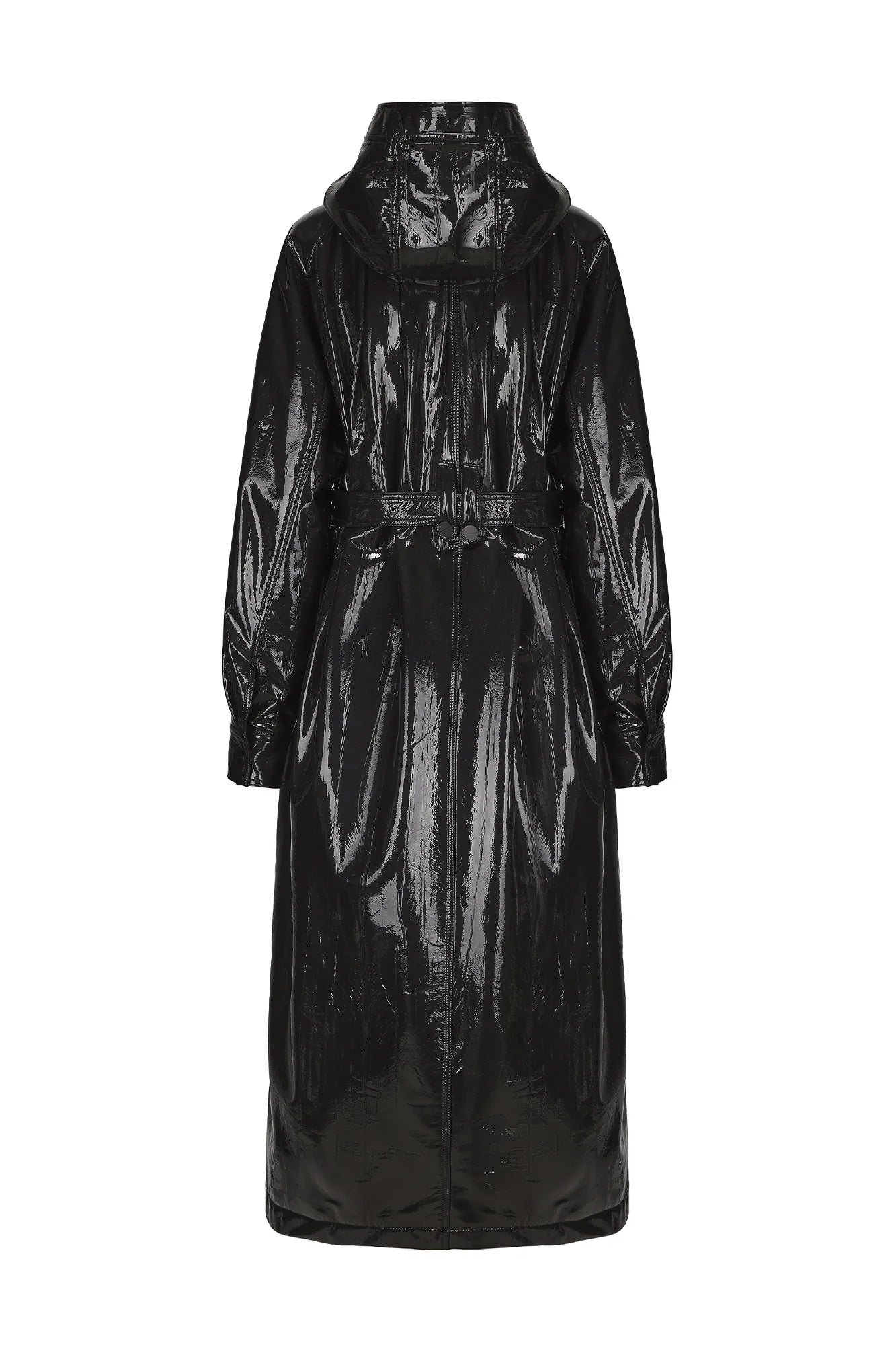 VANN VALRENCE Glossy Belted Hooded Padded Long Coat