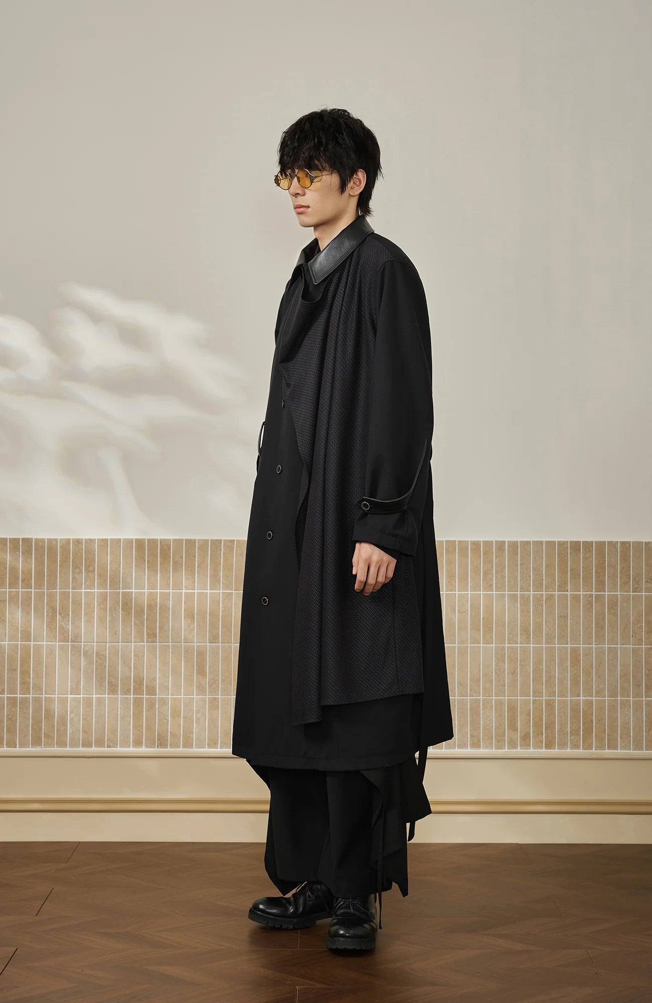 MOITIEDEPETALE Leather Paneled Belted Oversized Trench