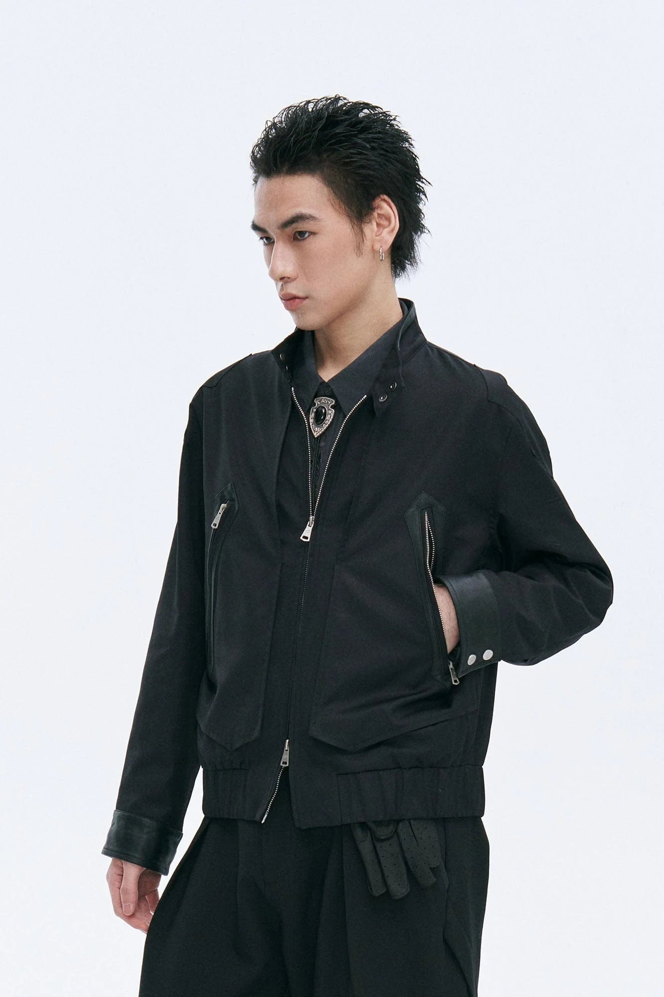 CATSSTAC Leather Panel Stand Collar Jacket