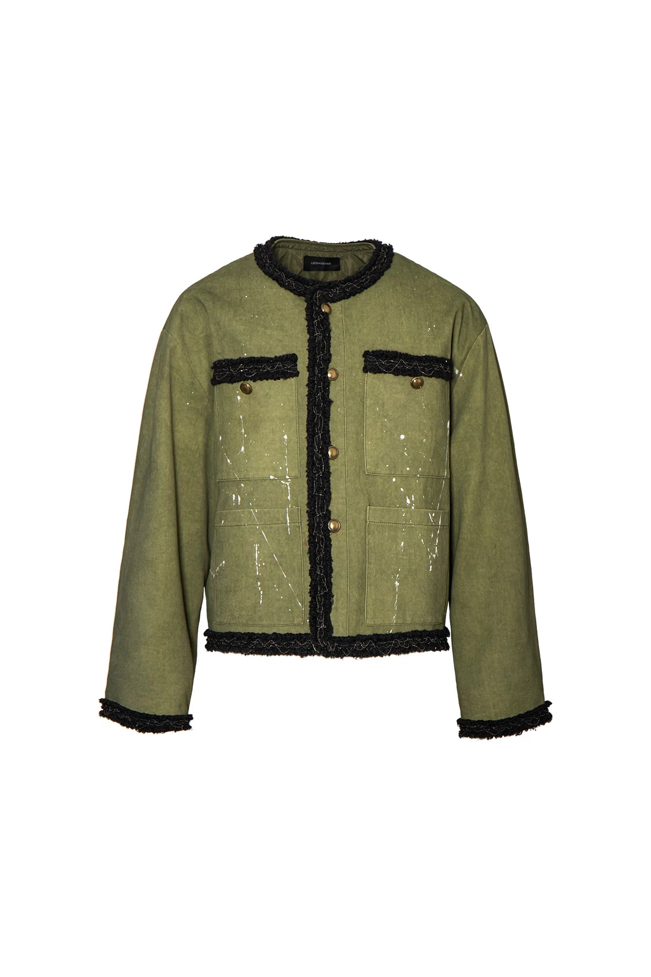 LEONSENSE Paneled Fleece Trim Paint-Splattered Jacket