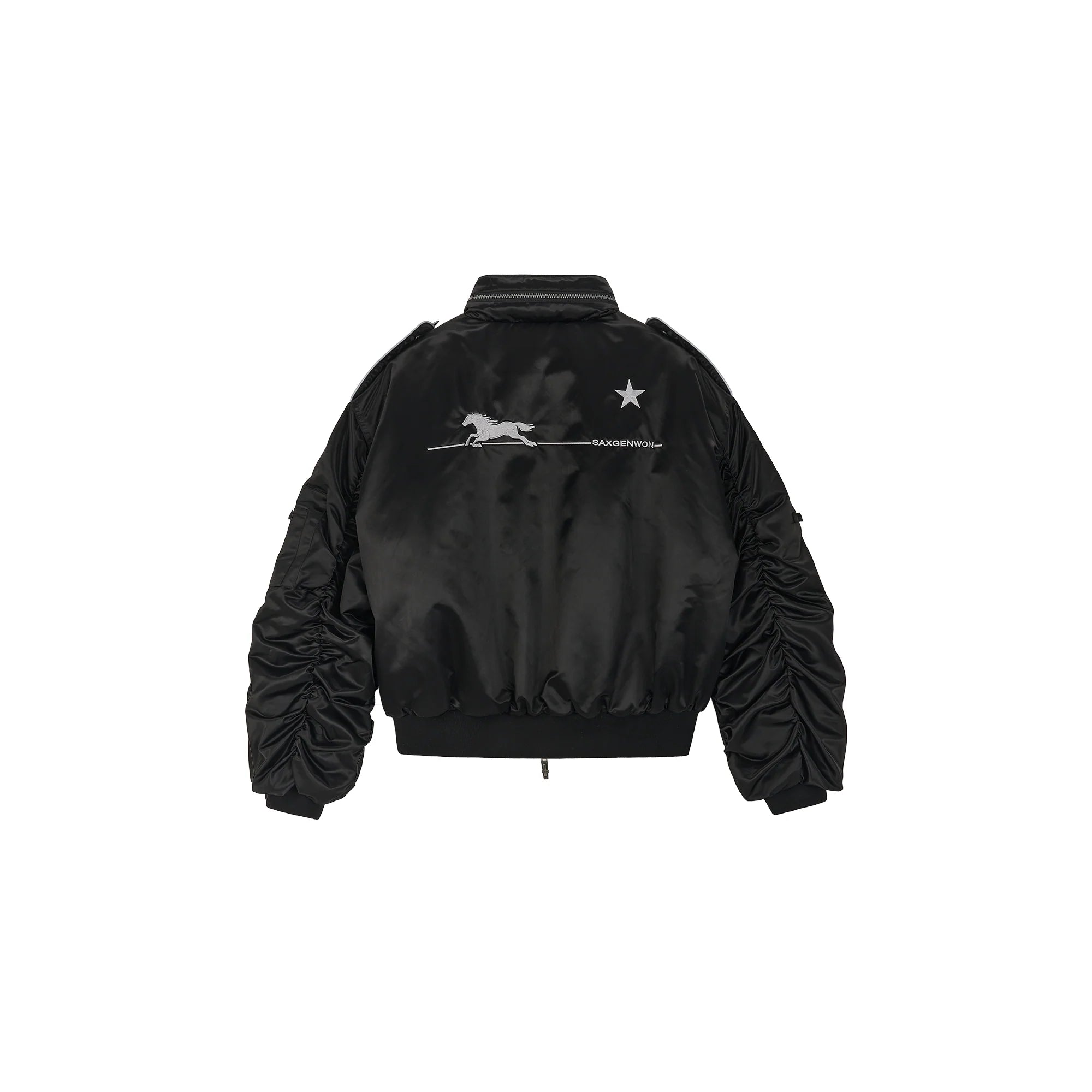 SAVAGEGROWTHWORLD Embroidered Ruched-Sleeve Reflective-Stripe Bomber