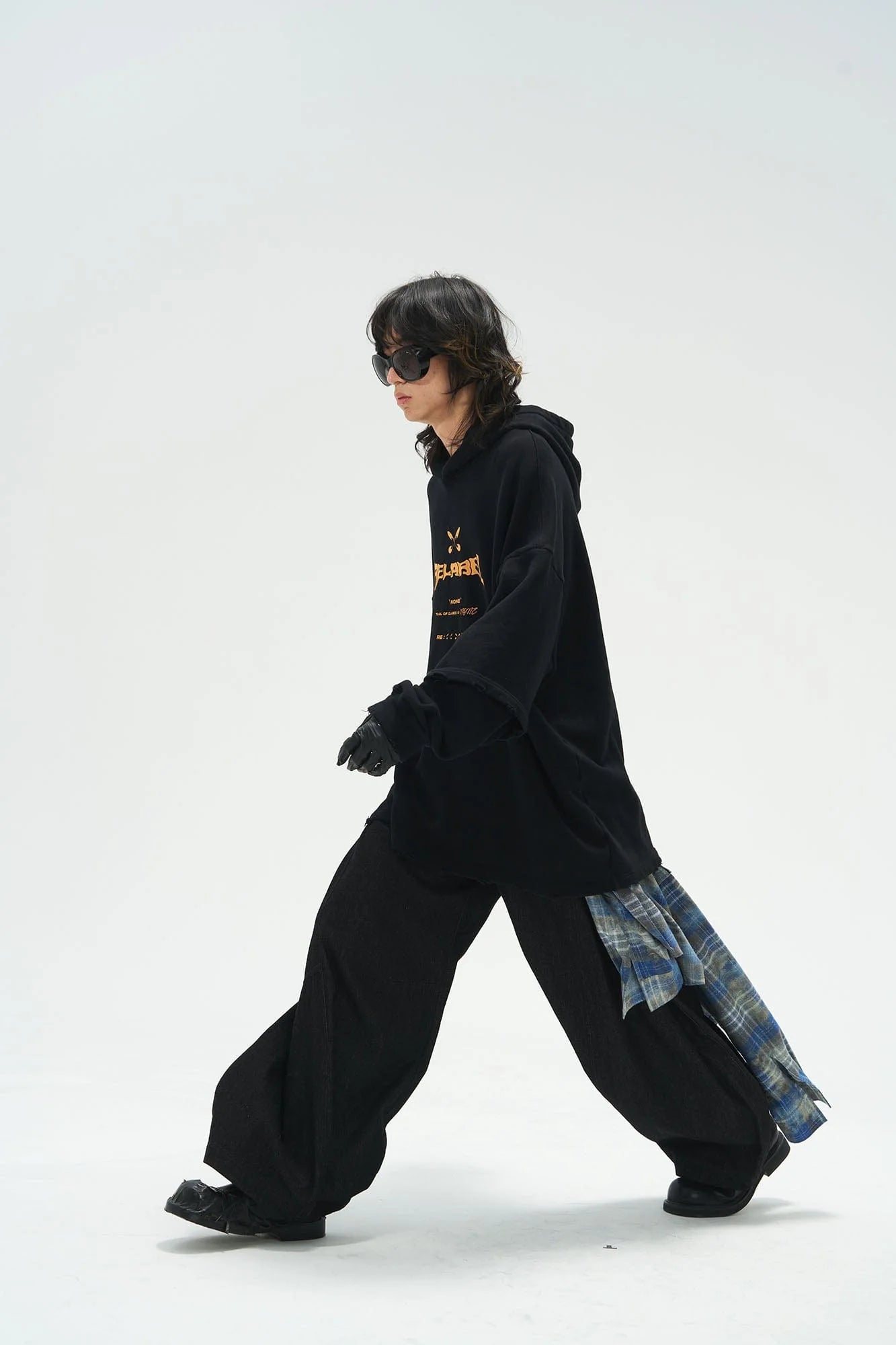 RELABEL Detachable Plaid Flap Panel Wide-Leg Pants