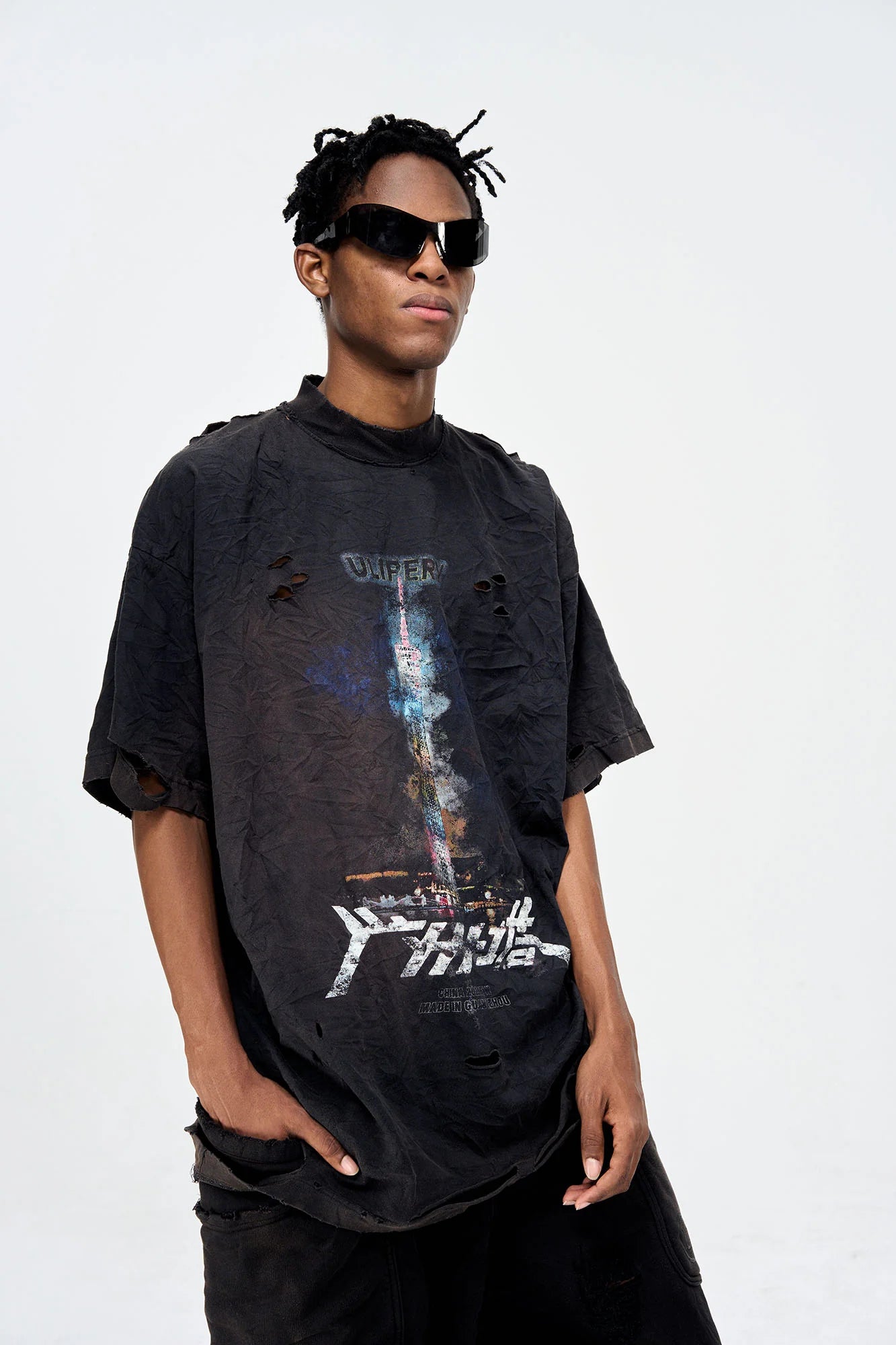 ULIPERY Distressed Glow Crinkled T-Shirt