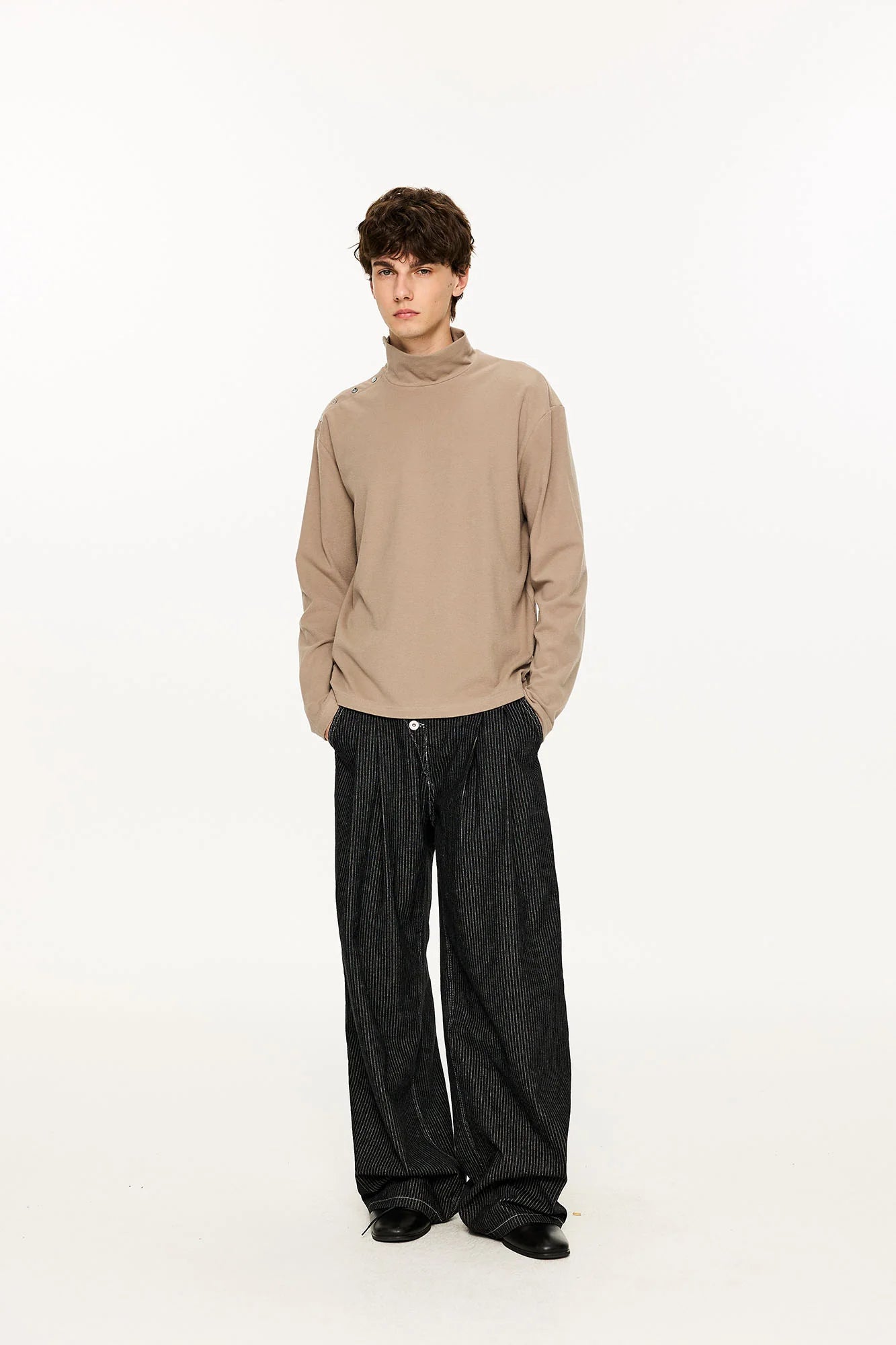 KREATE Asymmetric Button-Up Pleated Jeans