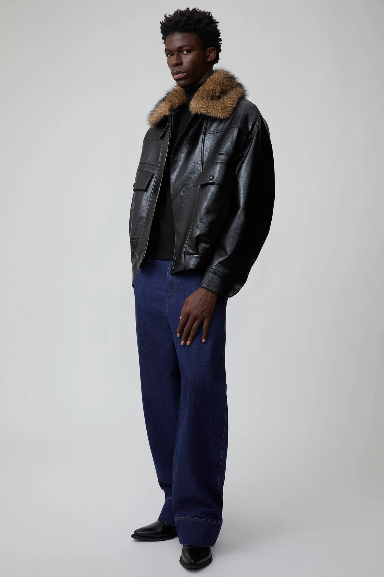 OPICLOTH Detachable Faux Fur-Collar PU Bomber