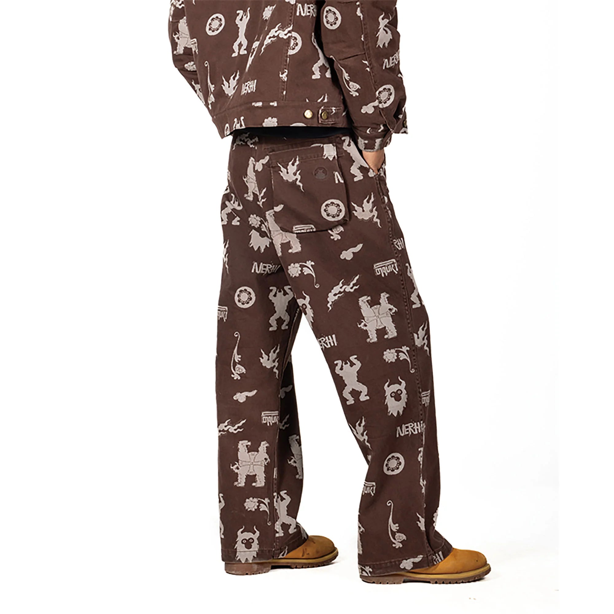 NERHI Tribal Totem Full-Print Patch-Pocket Pants