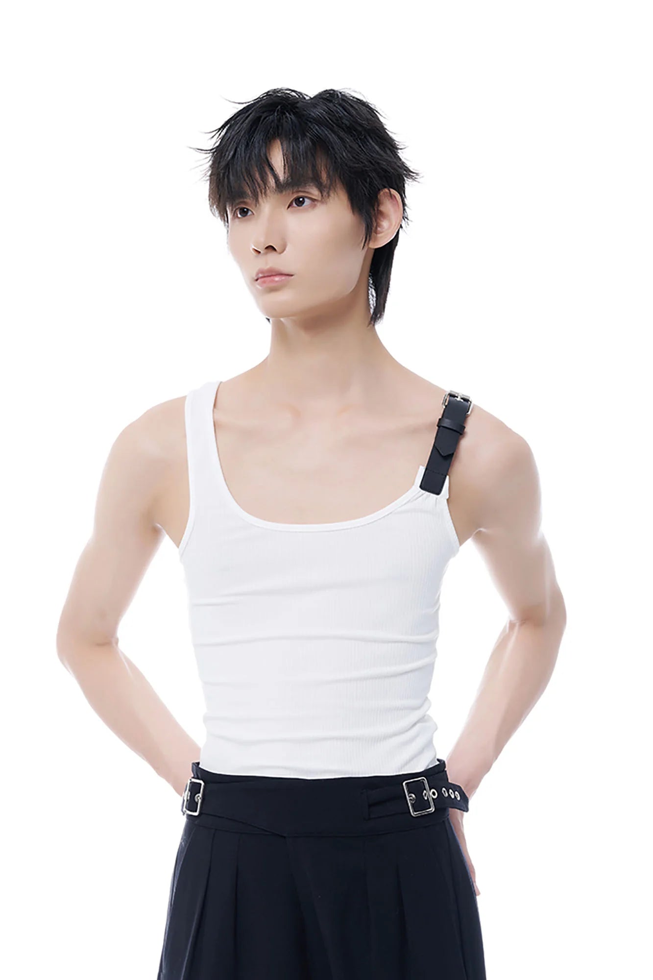 TUIMU Buckle Strap Ribbed Tank Top
