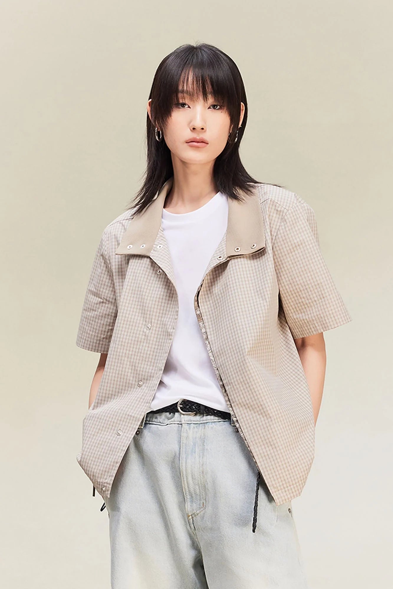 ALVNG AR ANTS Asymmetrical Snap Placket Mini Check Half Shirt