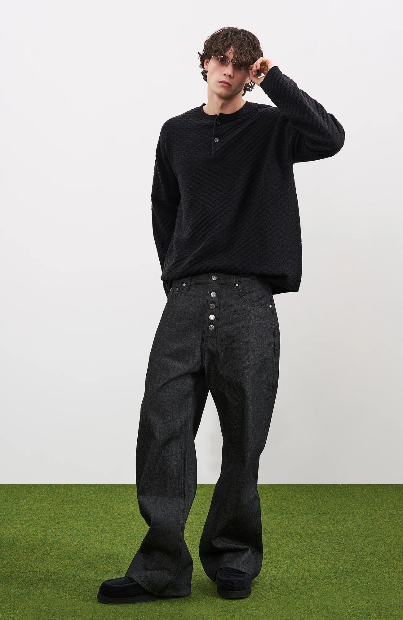 PMW Drop-Shoulder Waffle Henley Sweater