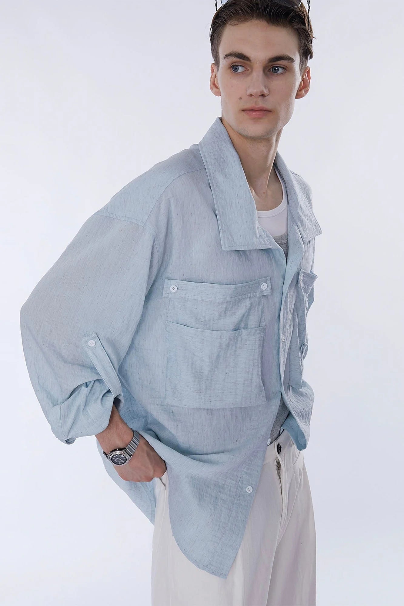 ASSEEN Rose Embroidered Pocket Linen-Blended Overshirt