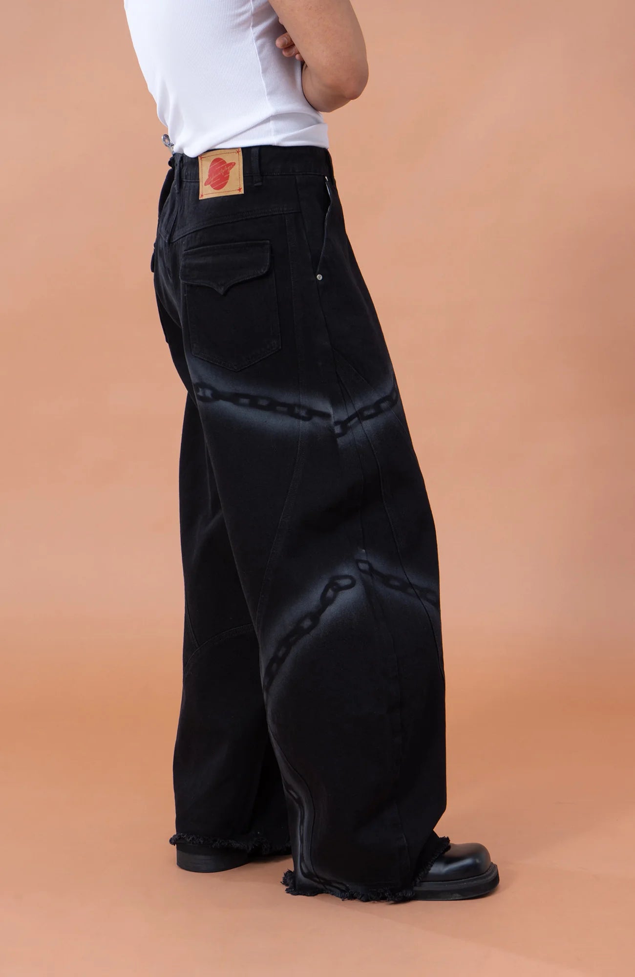 CLP Chain Graphic Frayed Curved-Leg Jeans