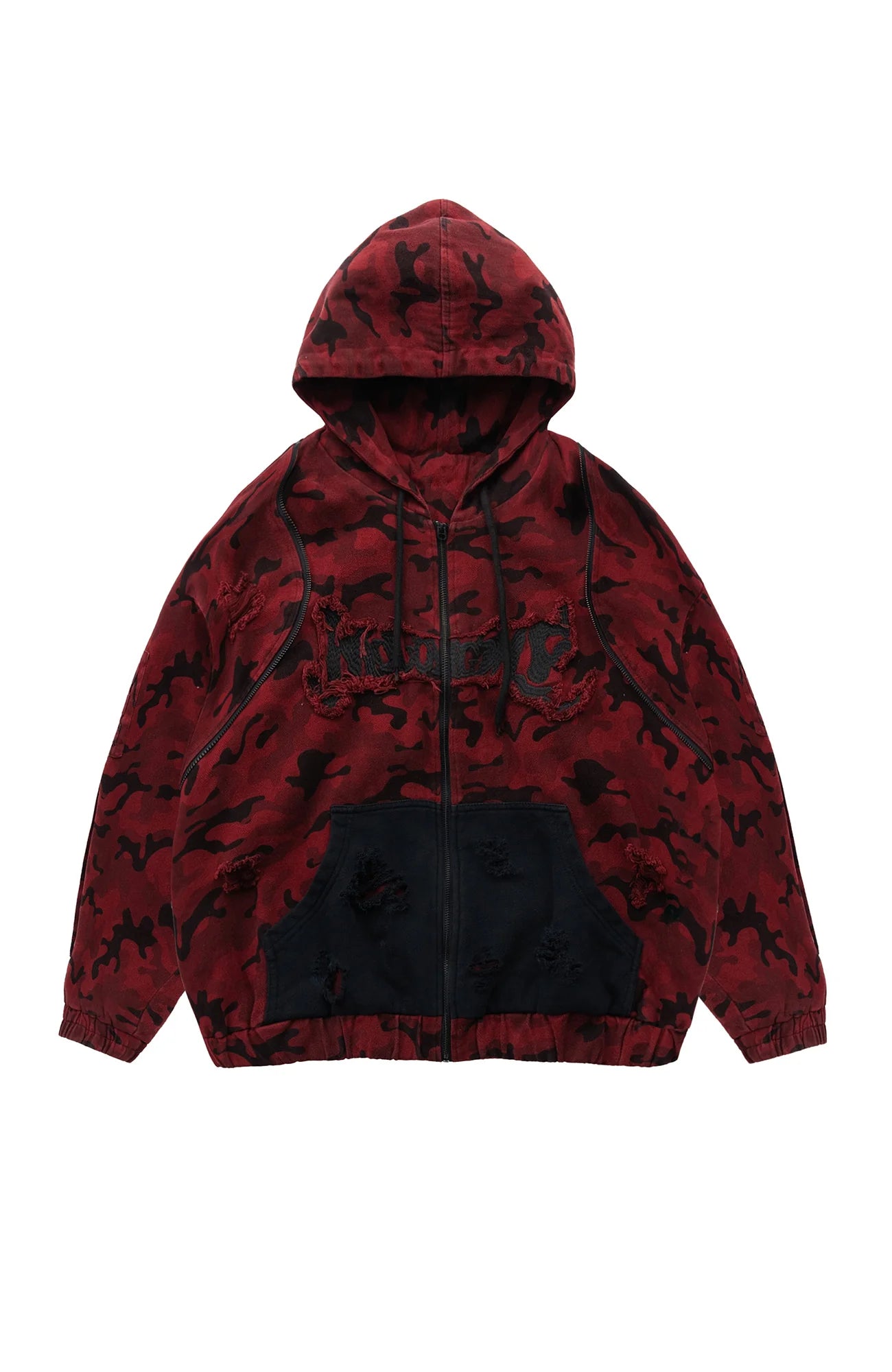 MOGONGSHE Camo Frayed LOGO Patch Hooded Jacket