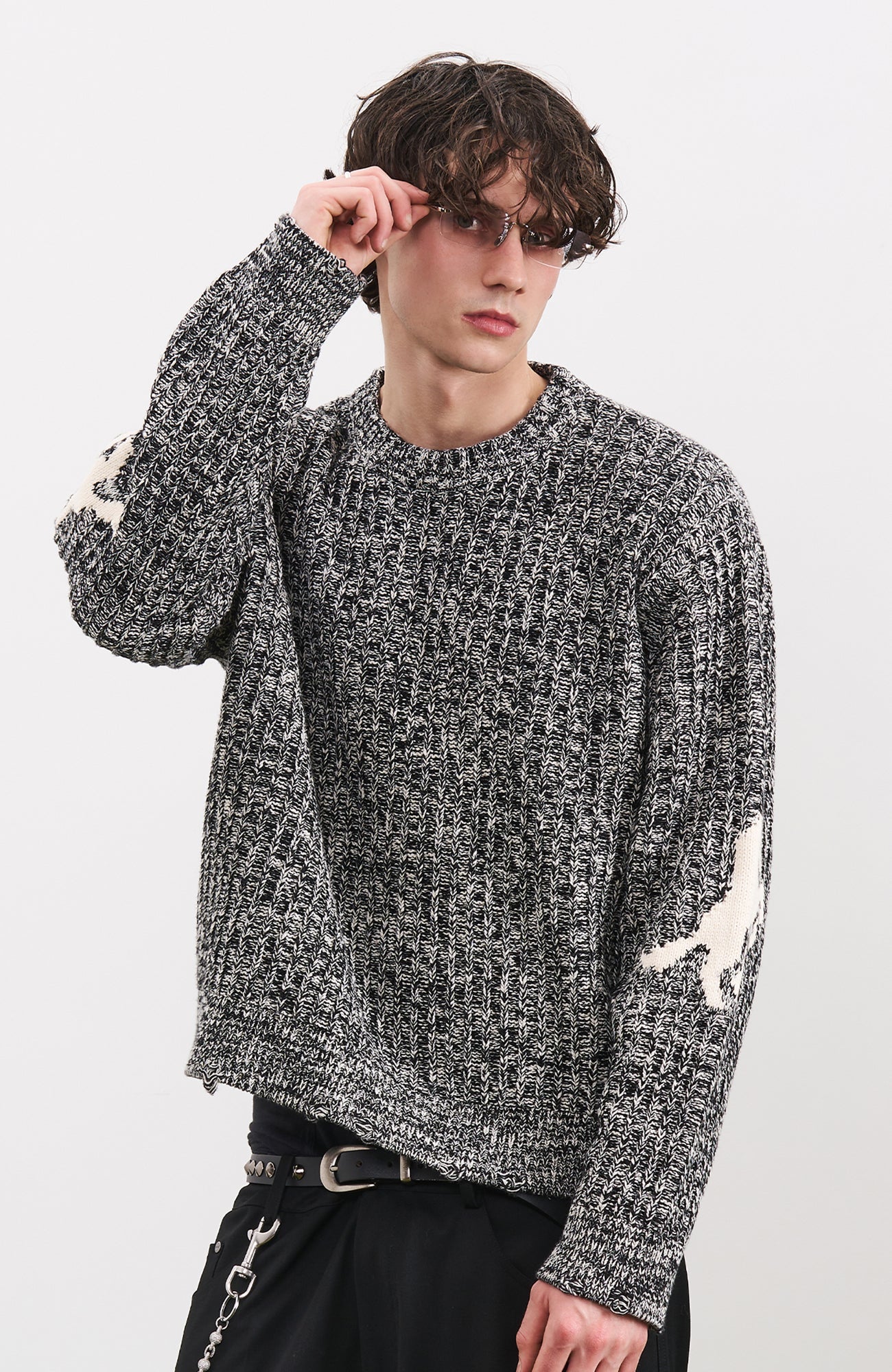 PMW Horse Elbow Patched Cable-Knit Sweater