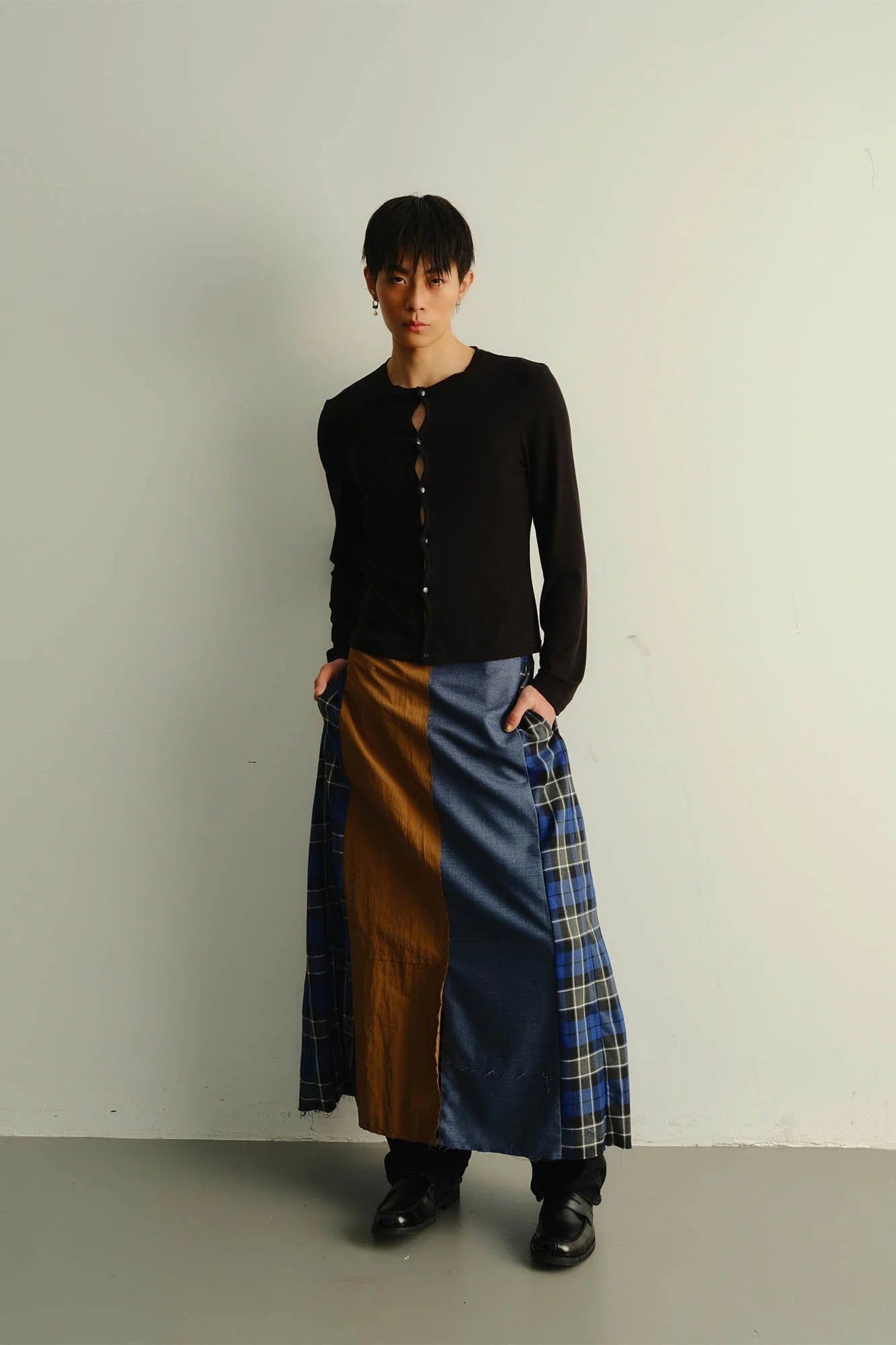 KADAKADA Paneled Reversible Plaid Raw-Edge Maxi Skirt
