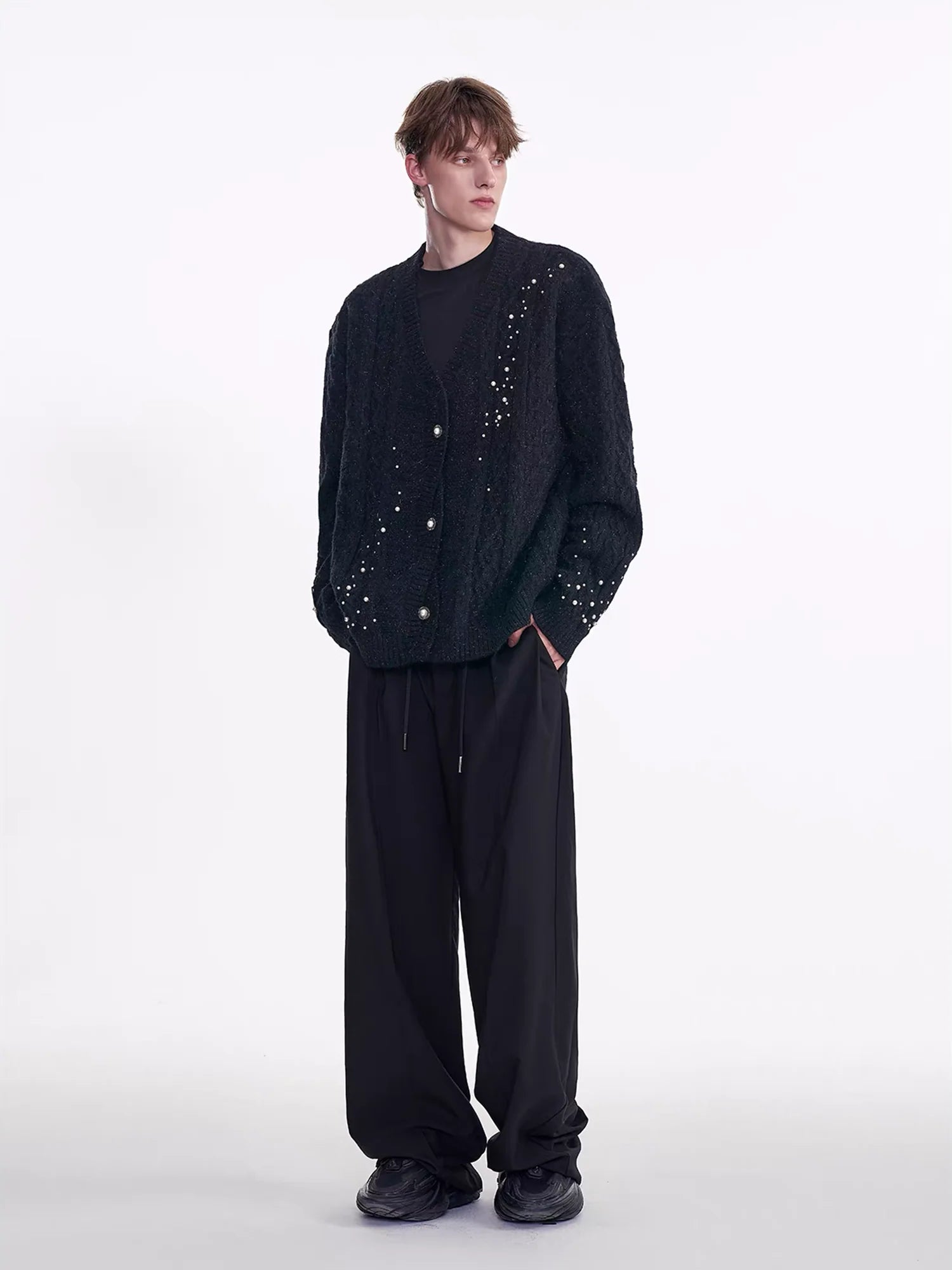 TIWILLTANG Pearl-Embellished Cable Knit Cardigan