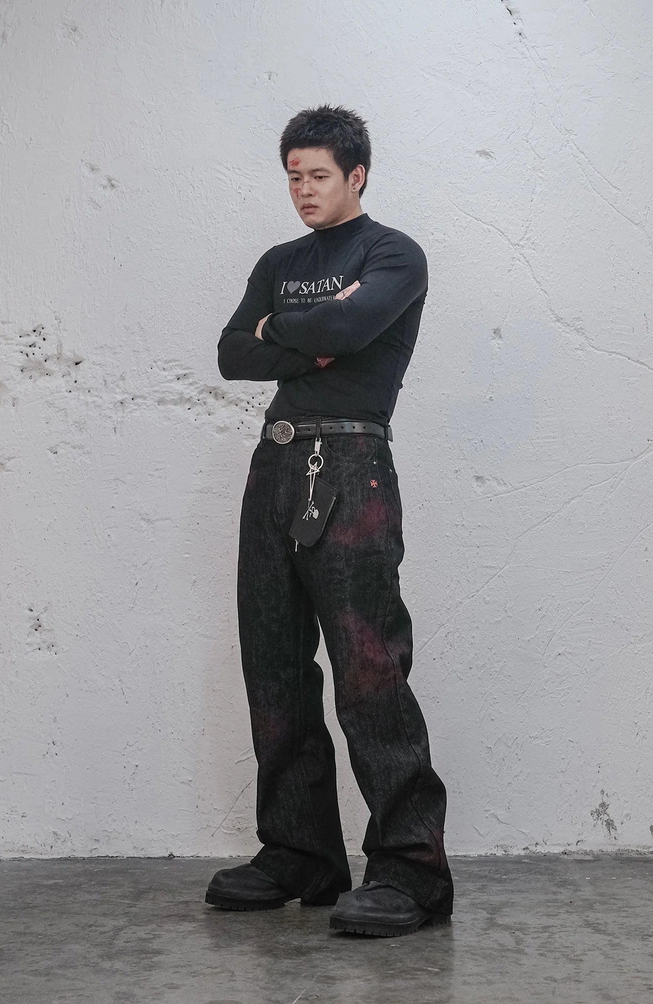 UNDERWATER Bloodstained Raw Flared Denim Pants