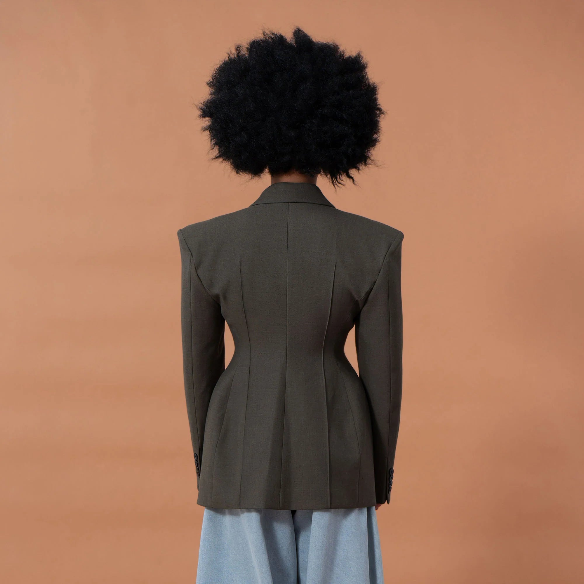 CLP Cinched-Waist Padded Shoulder Blazer Brown