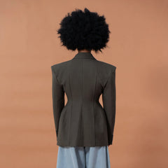 CLP Cinched-Waist Padded Shoulder Blazer Brown