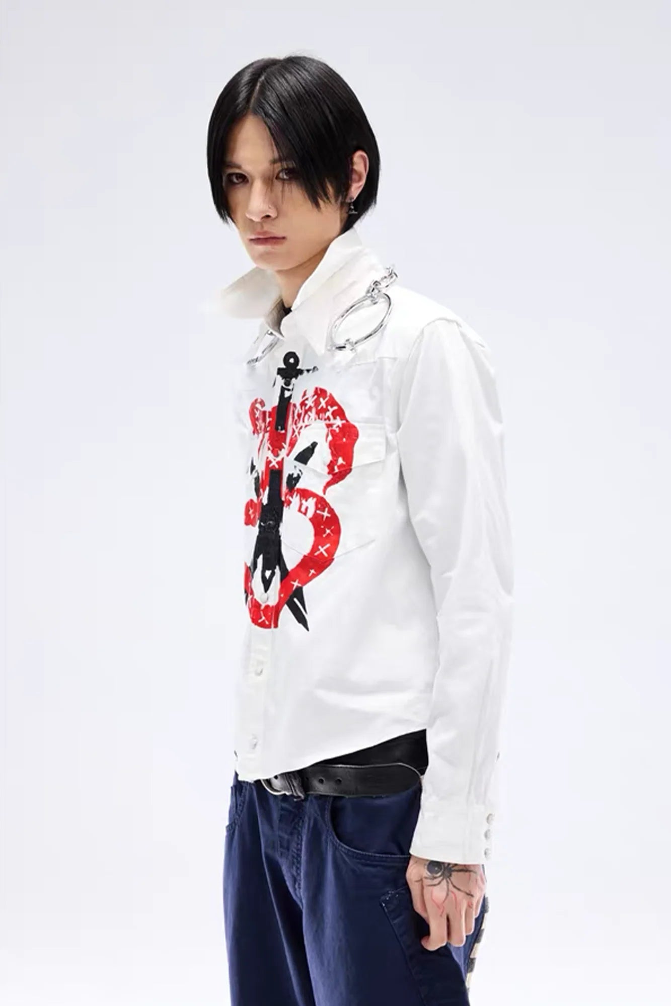 NOTHINGNESS WORLD Snake Graphic Layered-Collar Denim Shirt