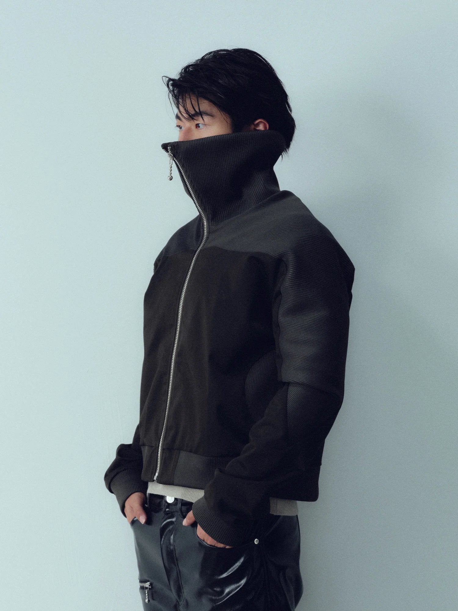 KADAKADA Rib-Spliced Stand-Collar Cropped Jacket