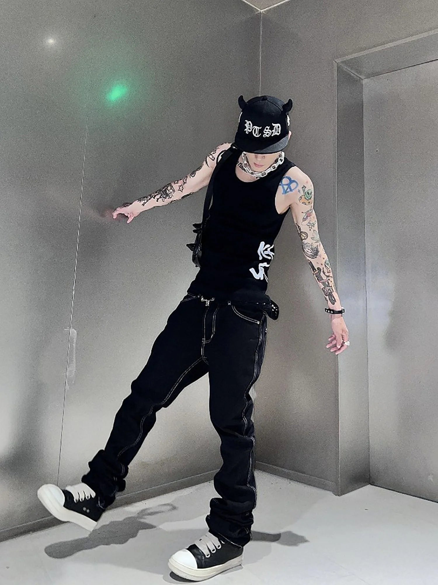 VINKID Embroidered Contrast Stitch Stacked Skinny Jeans
