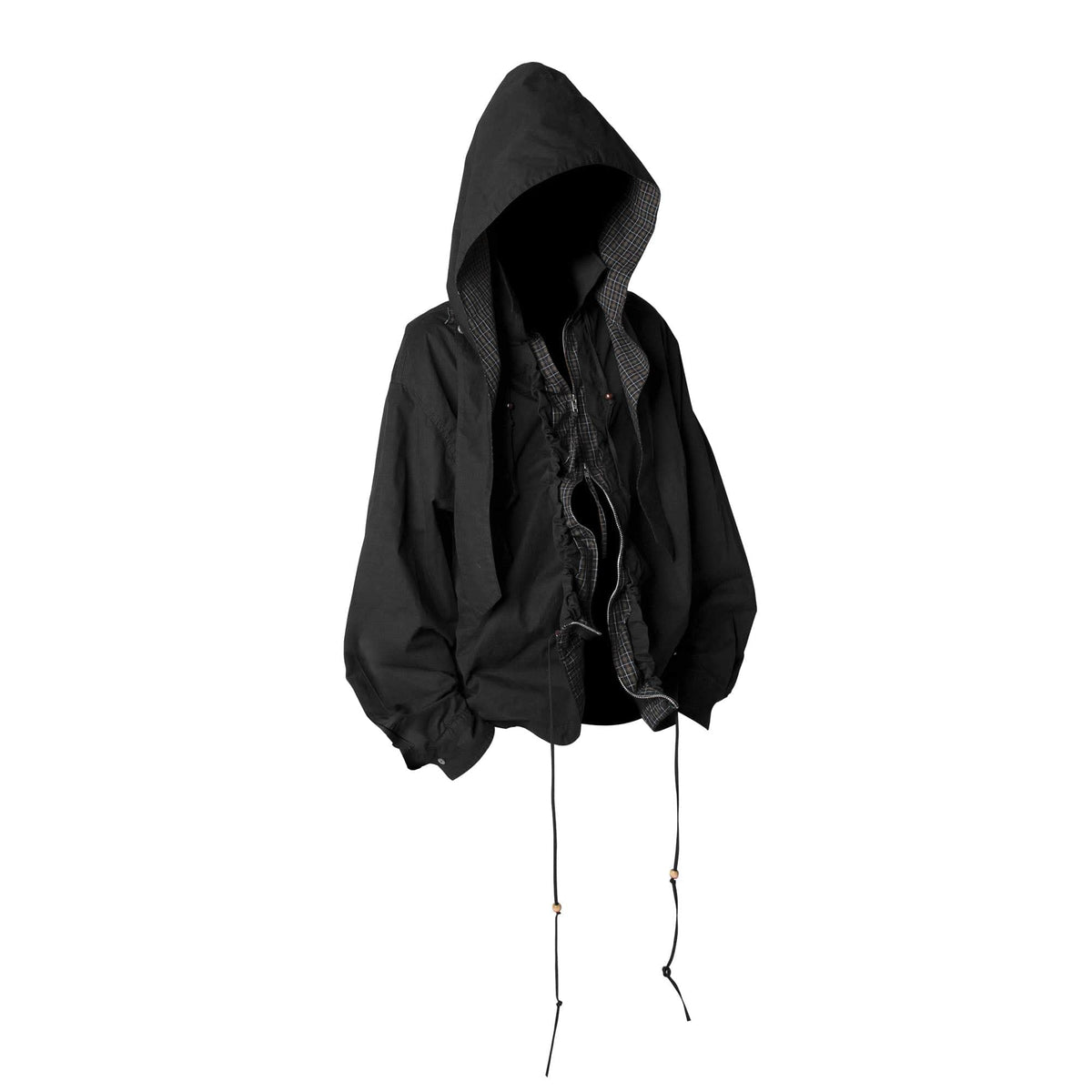 RELABEL Detachable Hood Beaded Ruched Shirt Black