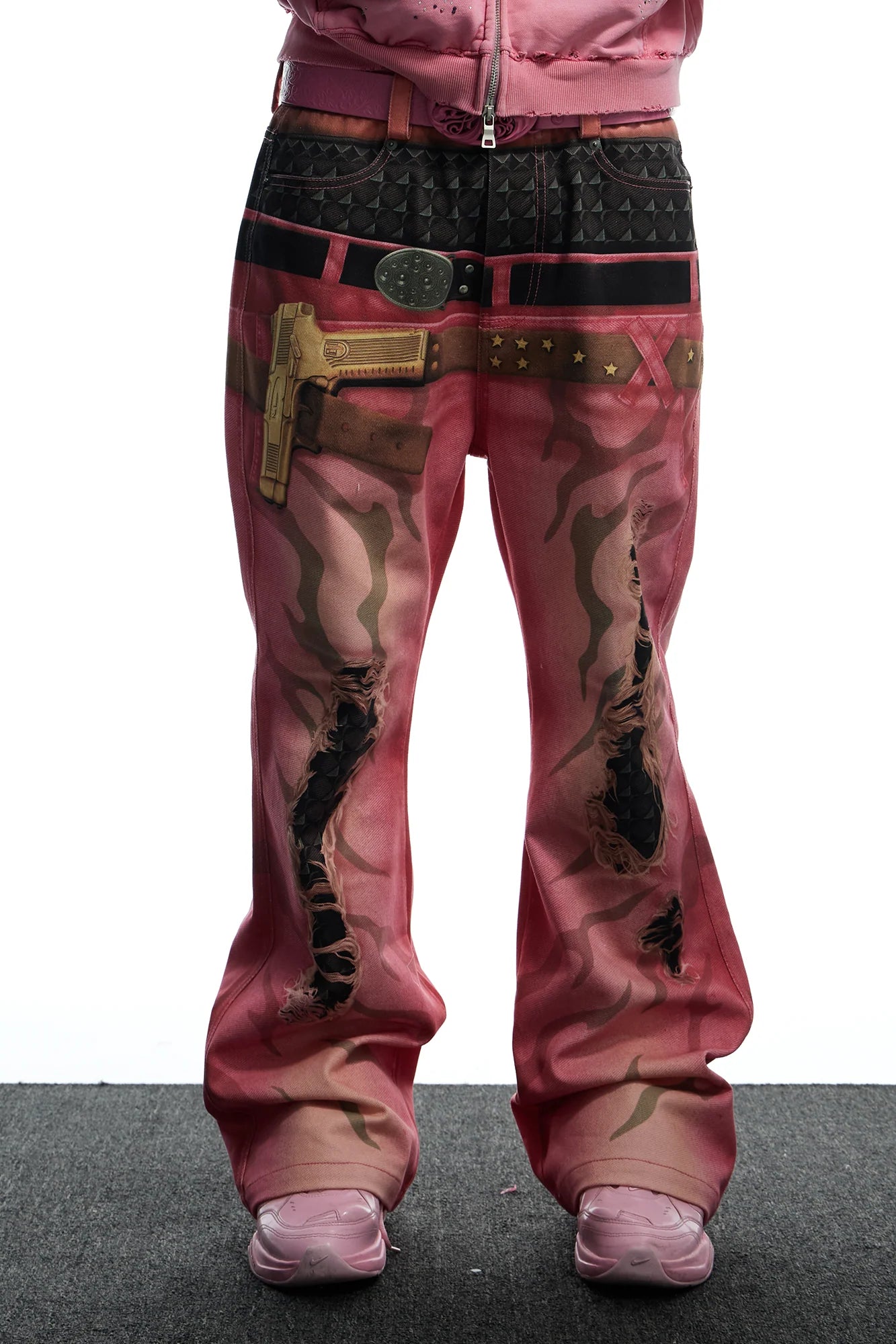 DND4DES Distressed Print Double-Waist Flare Jeans Pink