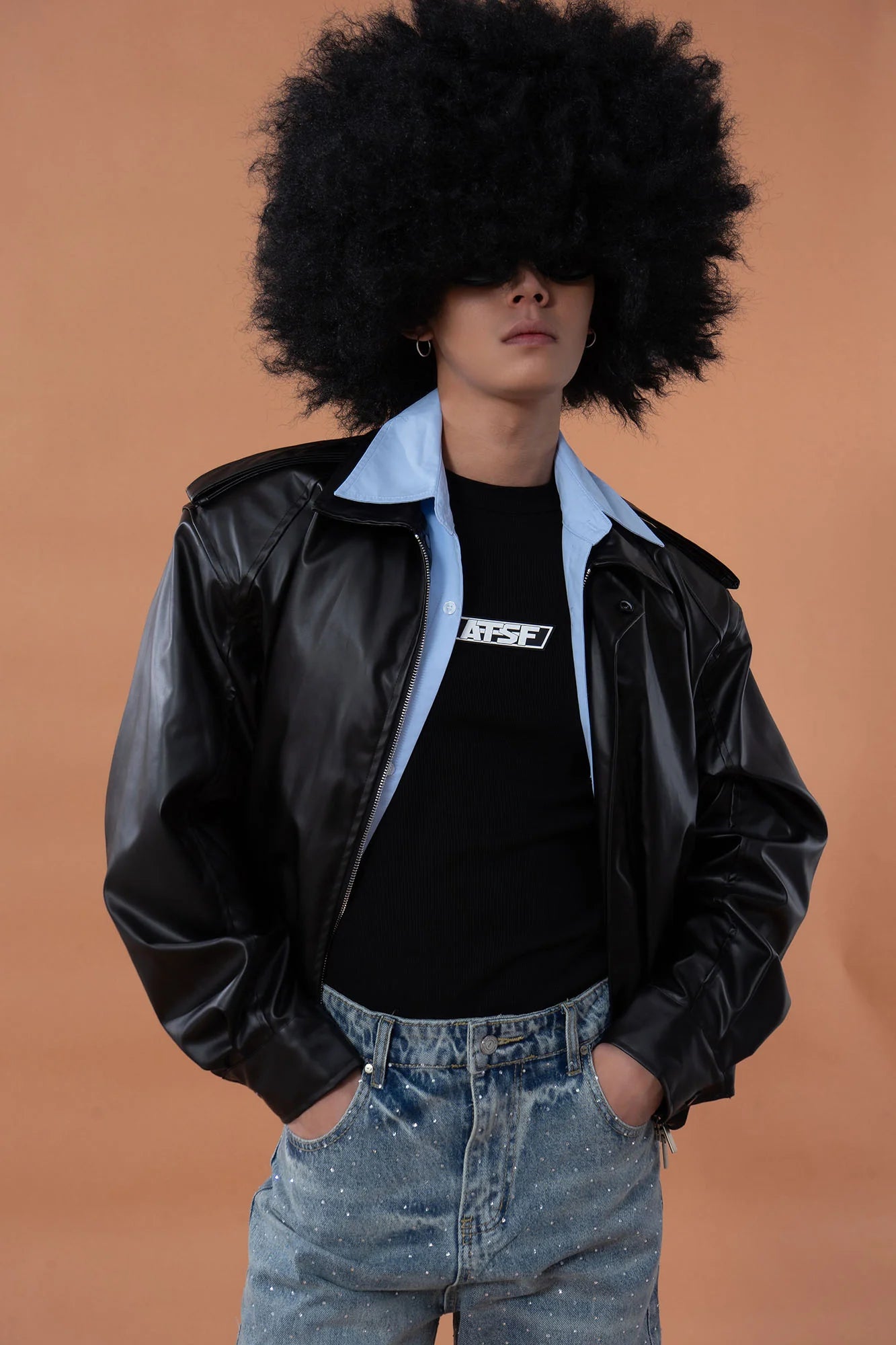CLP Contrast Layer PU Cropped Moto Jacket
