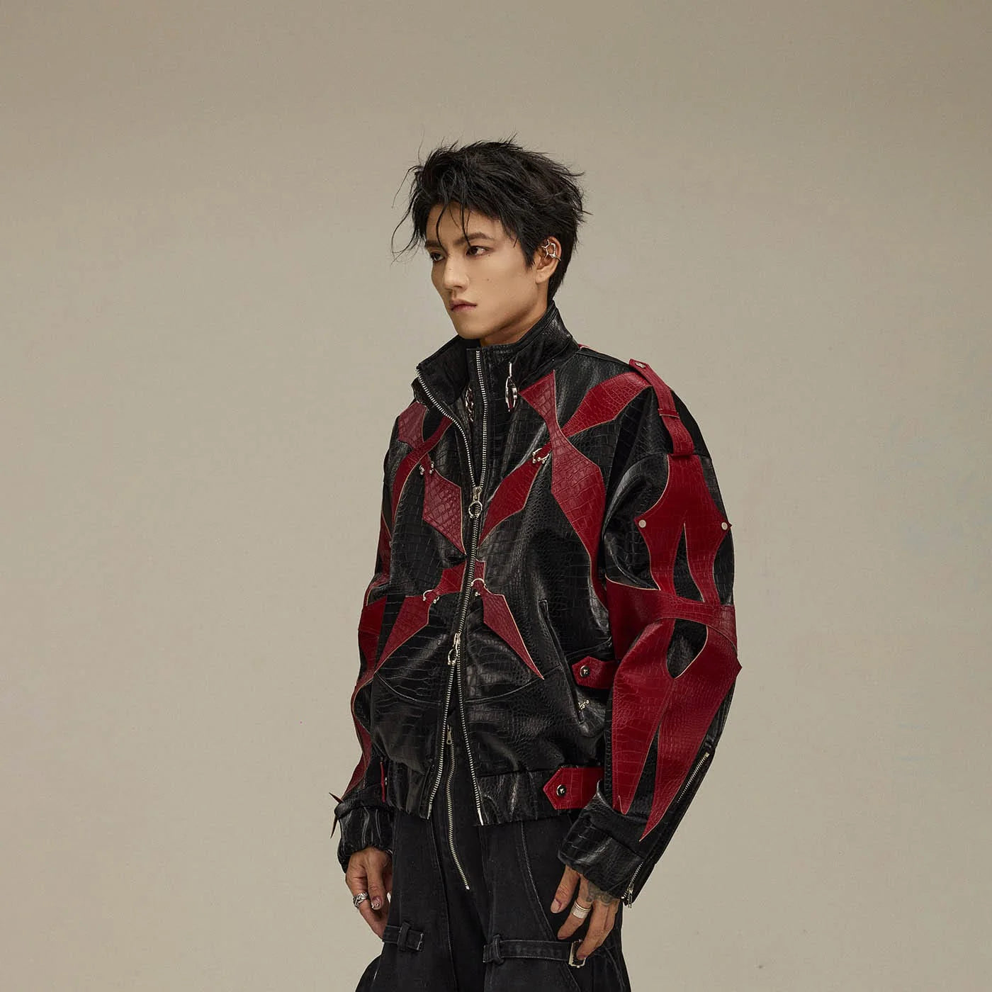 FLYERRER Four-Pointed Star Rivet Faux Feather Biker Jacket Red
