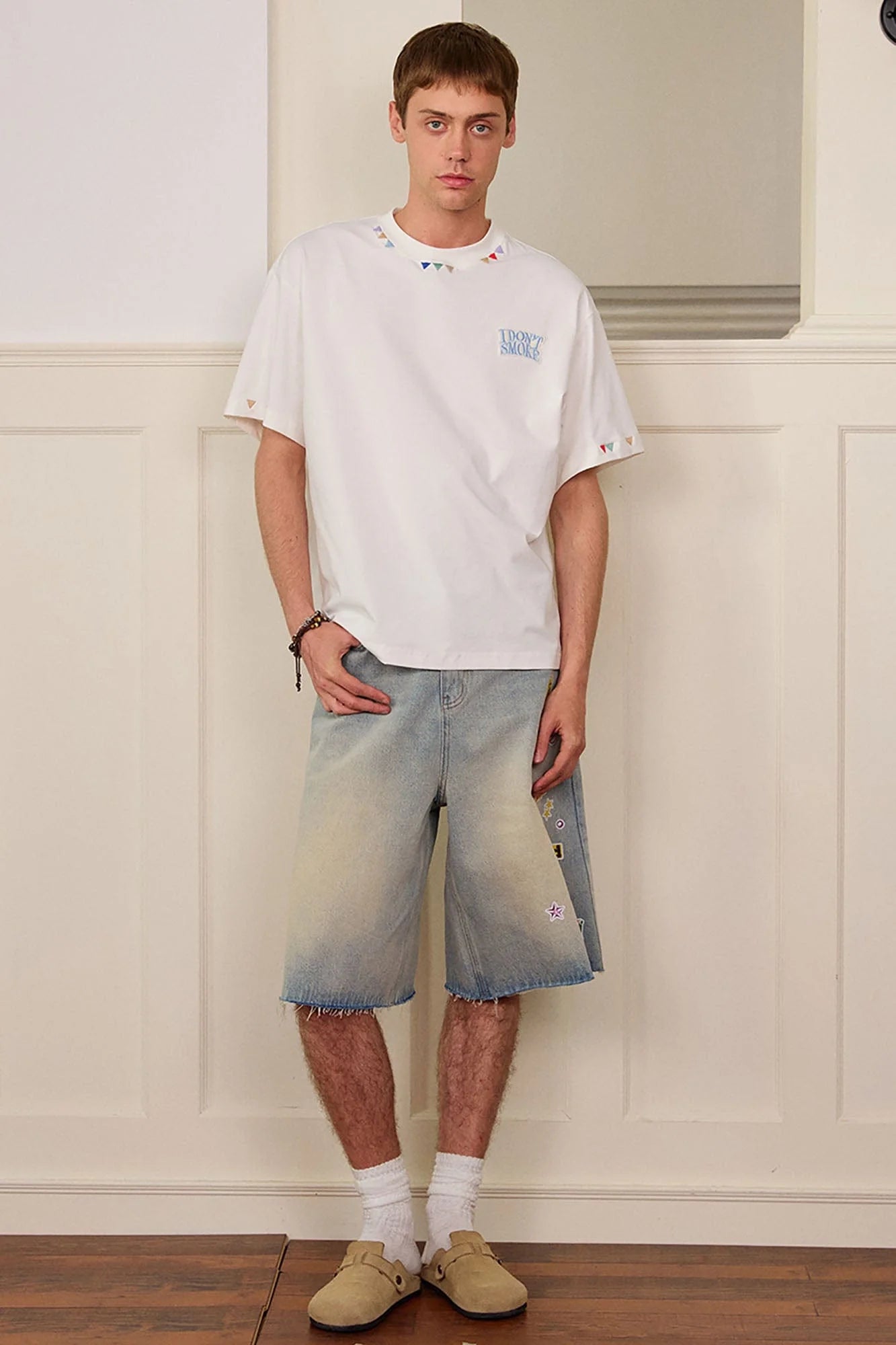 DONSMOKE Whimsical Stickers Washed Raw-Edge Shorts