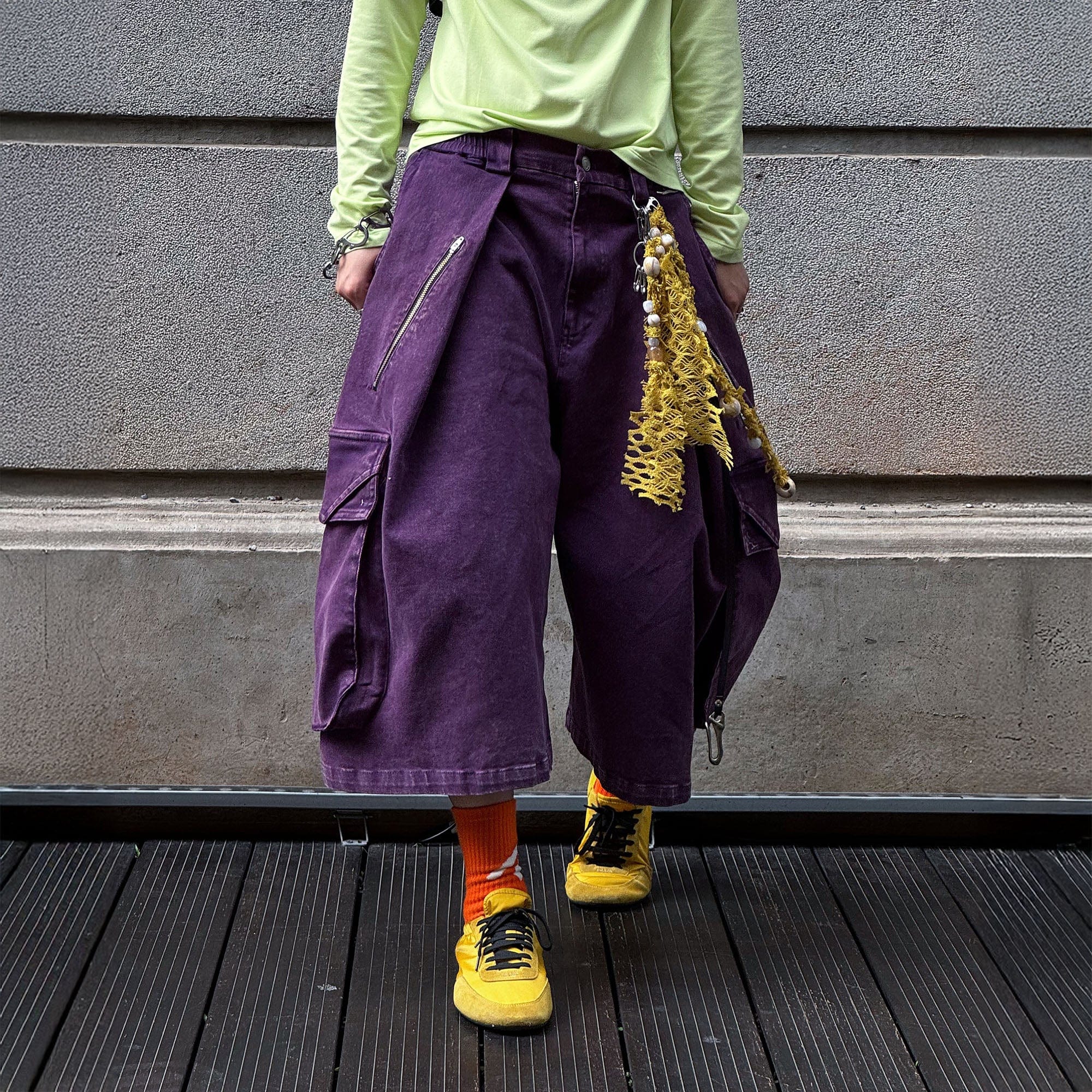 RELABEL Detachable Scarf Washed Multi-Pocket Wide-Leg Shorts Purple