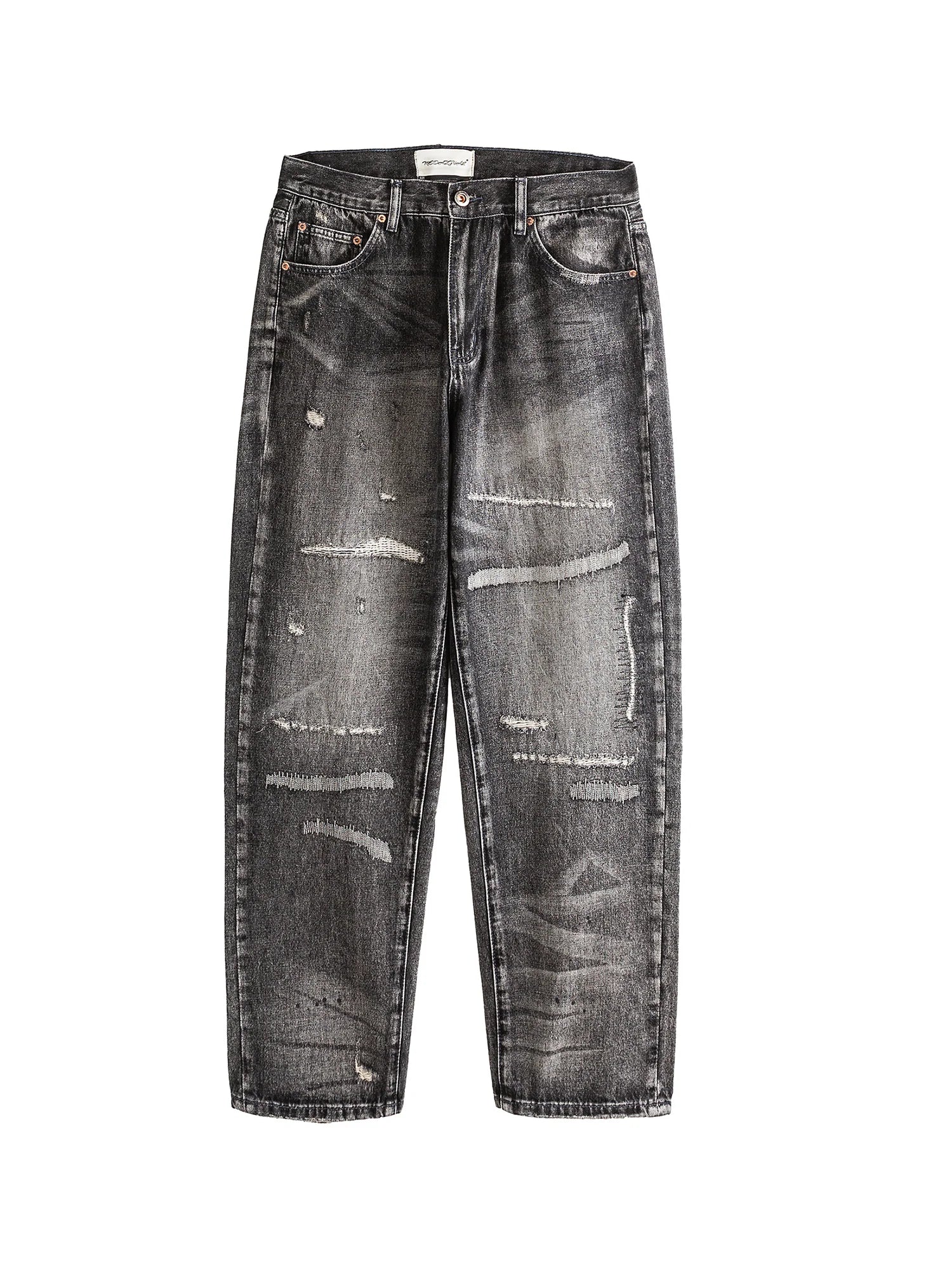 ME DA IGUAL Washed Destroyed Patch Straight-Leg Jeans